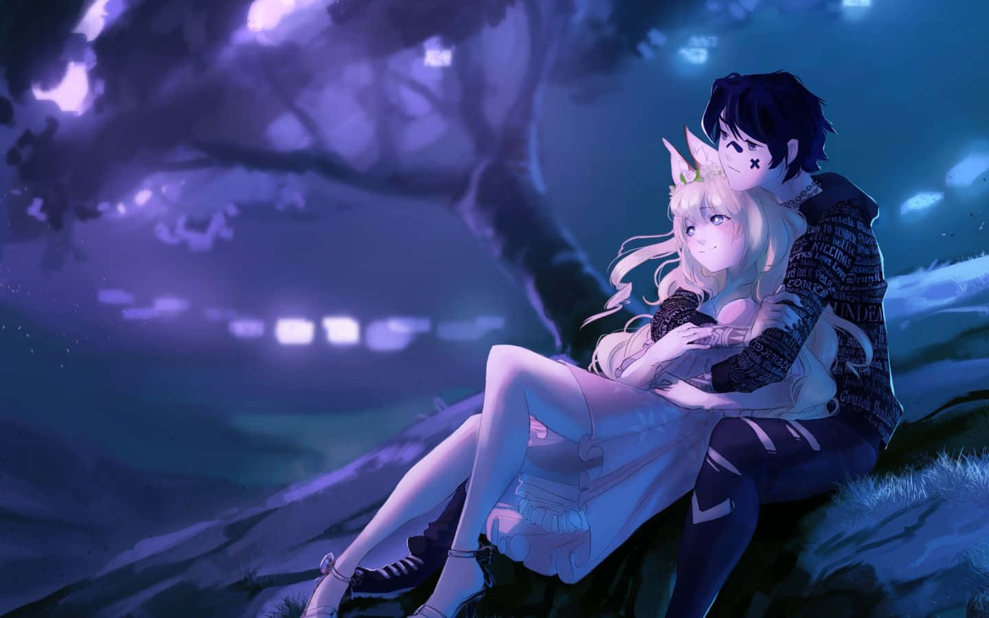 Aesthetic Couple Anime, glowing purple tree, night, HD Desktop Wallpaper