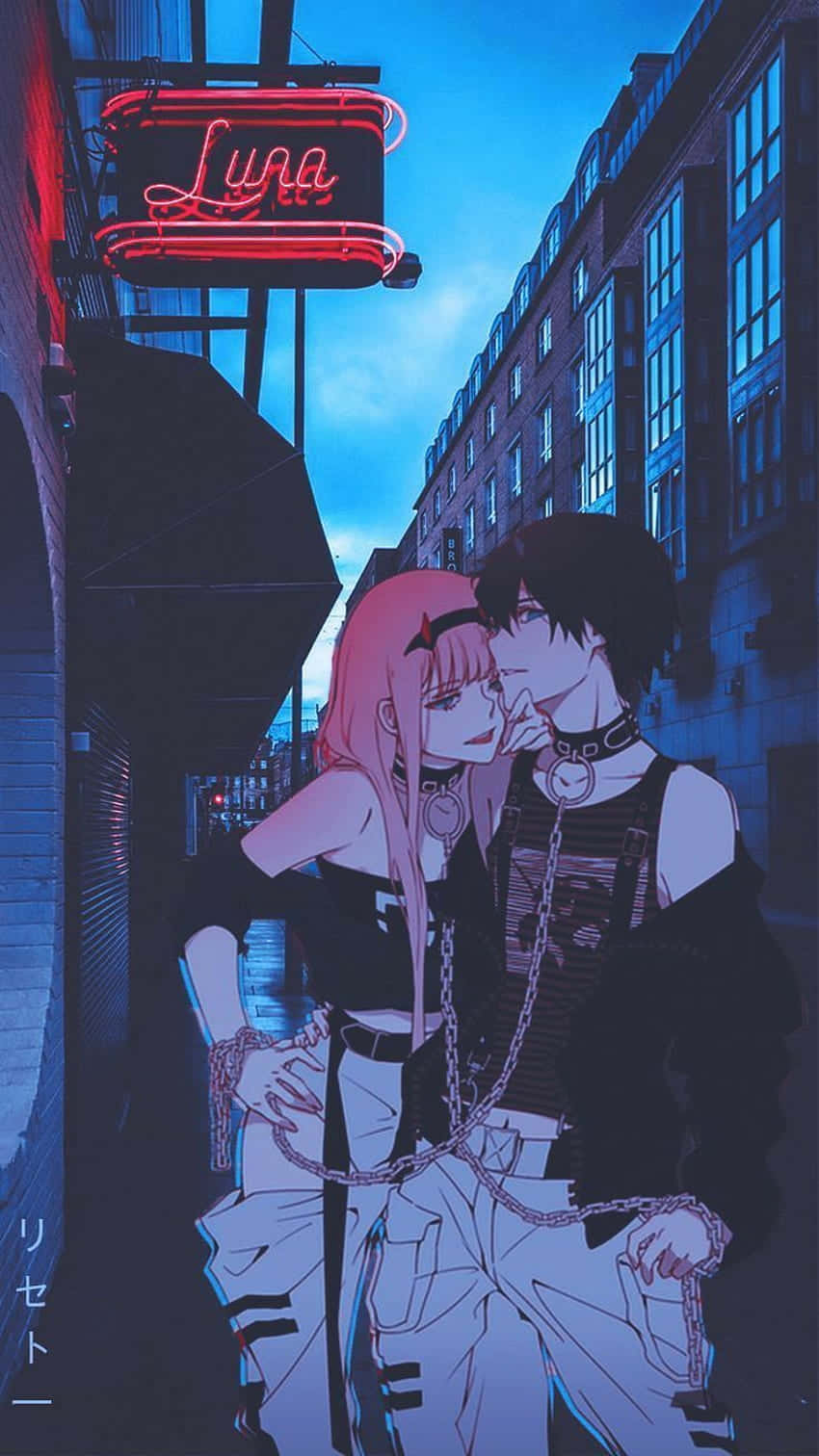 aesthetic couple anime, glowing red neon sign, moody urban alley, HD Phone Wallpaper