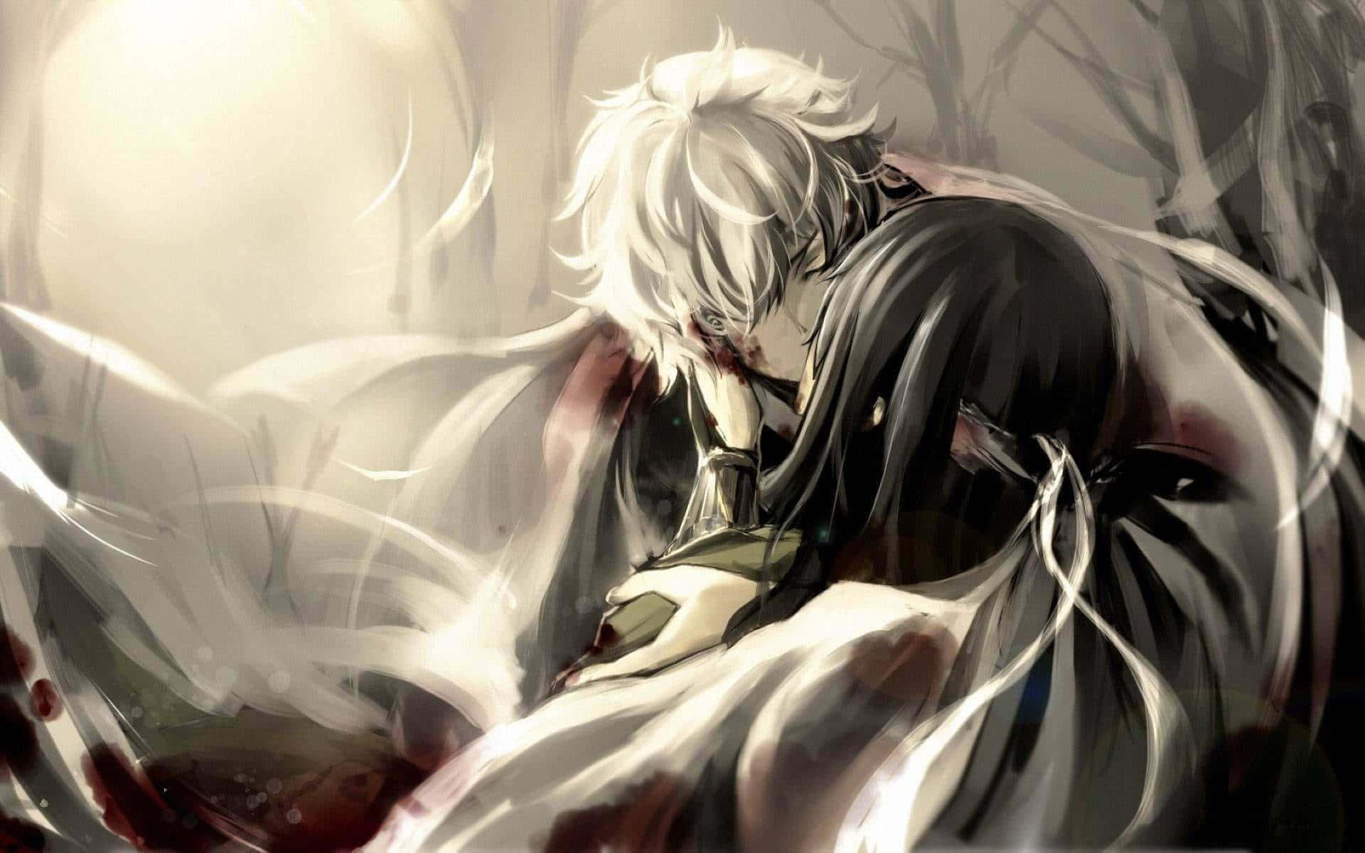 white-haired anime character, dark-haired figure, blood-stained embrace, Full HD Desktop Wallpaper