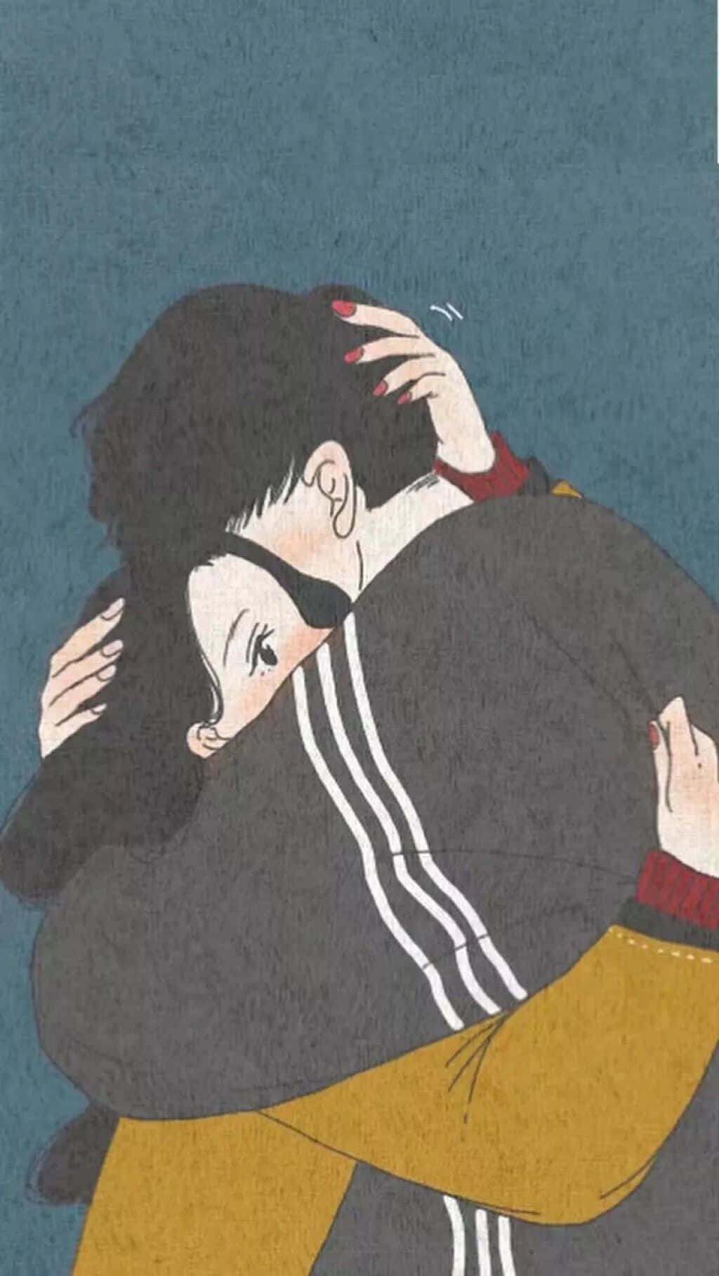 aesthetic couple anime, teal background, tender moment, HD Phone Wallpaper