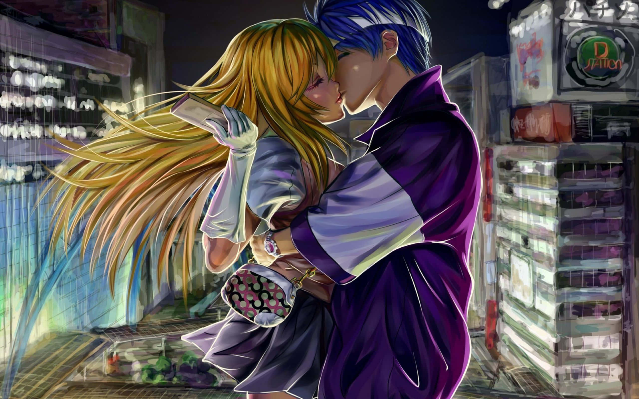 Aesthetic Couple Anime, neon lights, rainy urban alleyway, 2K Desktop Wallpaper