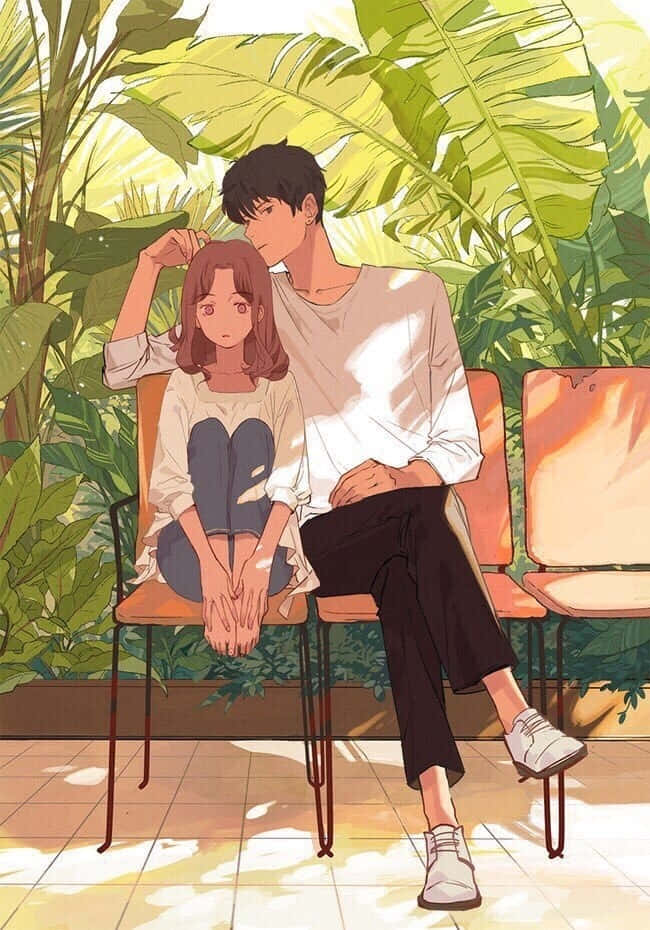 Aesthetic Couple Anime, orange chairs, lush green tropical foliage, SD Phone Wallpaper
