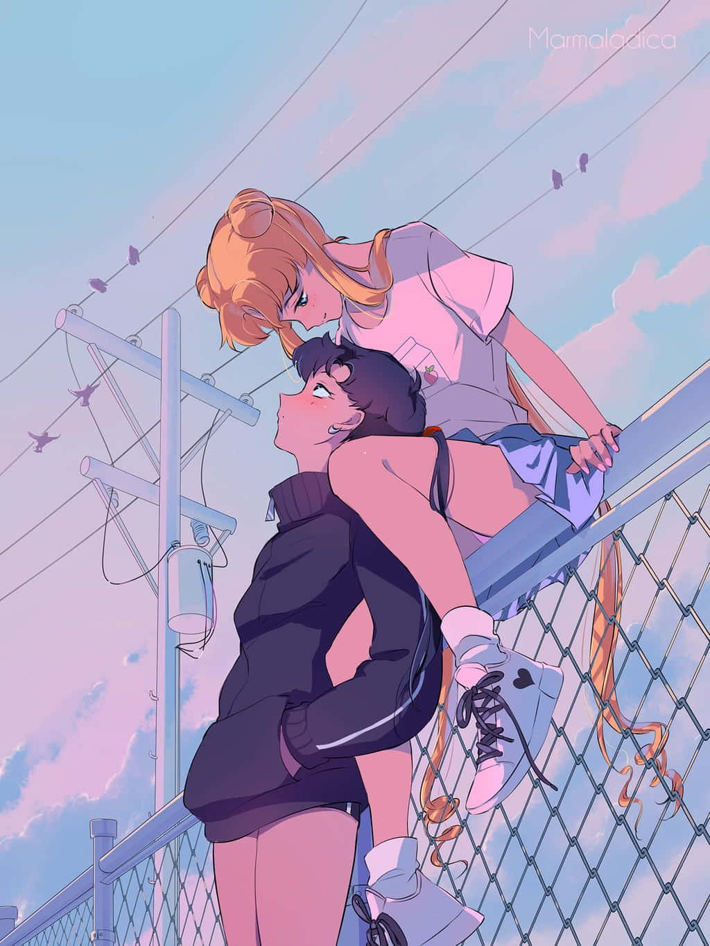 Aesthetic Couple Anime, pastel sky, chain-link fence, HD Phone Wallpaper