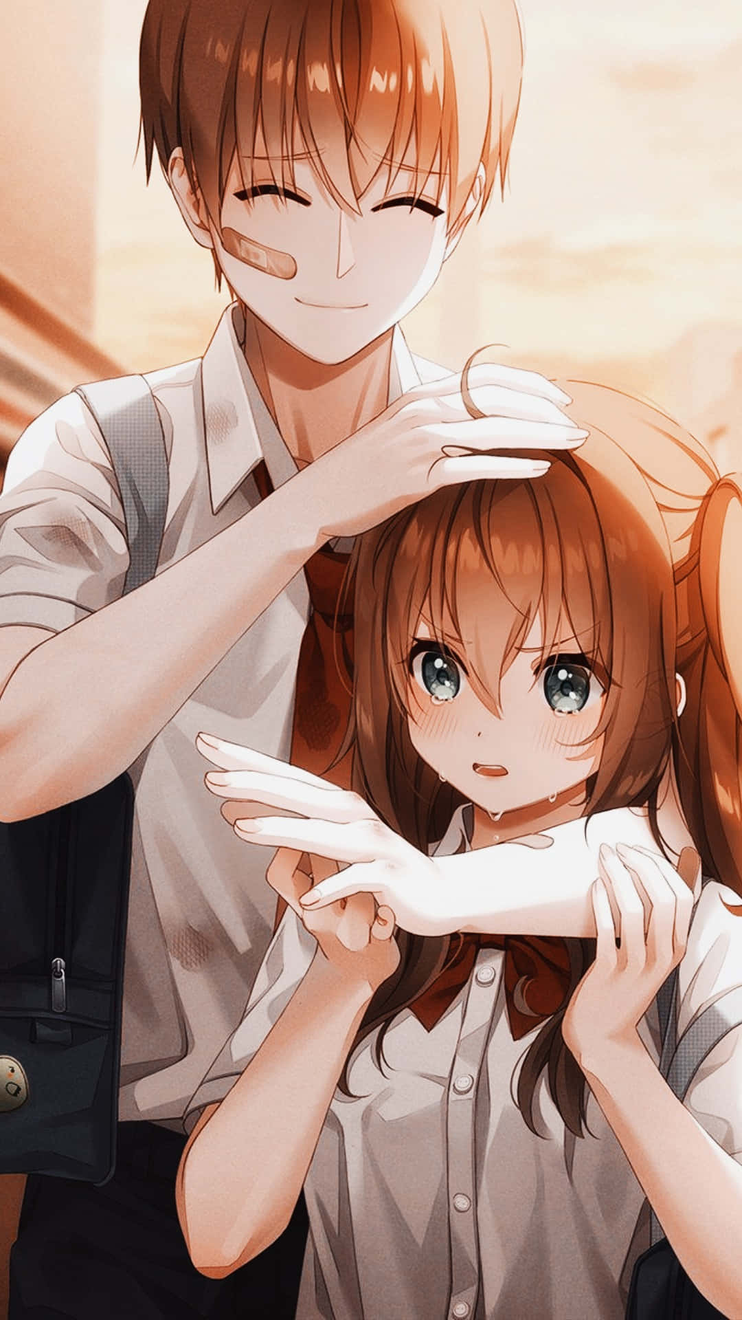 aesthetic couple anime, school uniforms, soft golden lighting, Full HD Phone Wallpaper