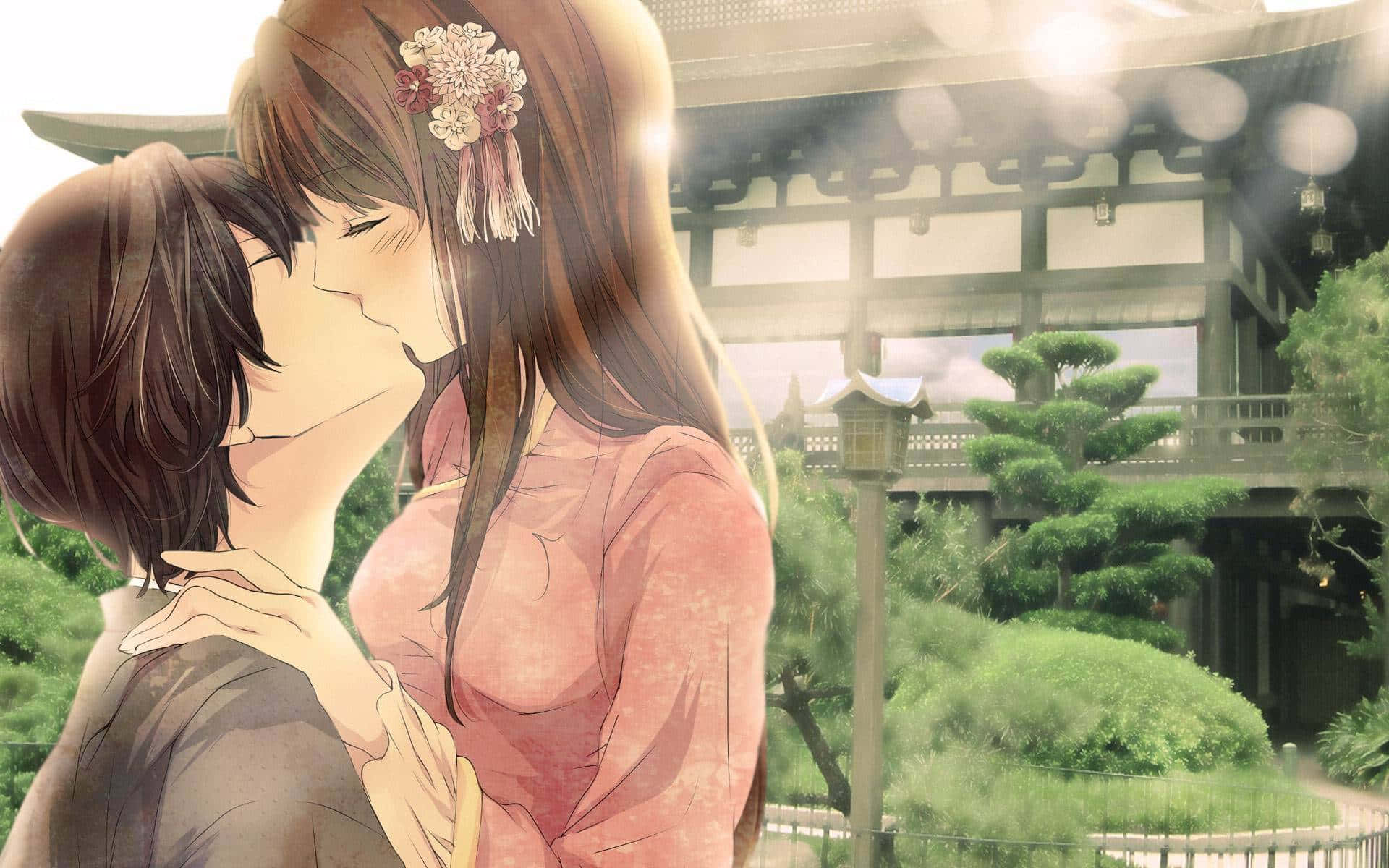 aesthetic couple anime, anime characters, sunlit Japanese garden, Full HD Desktop Wallpaper