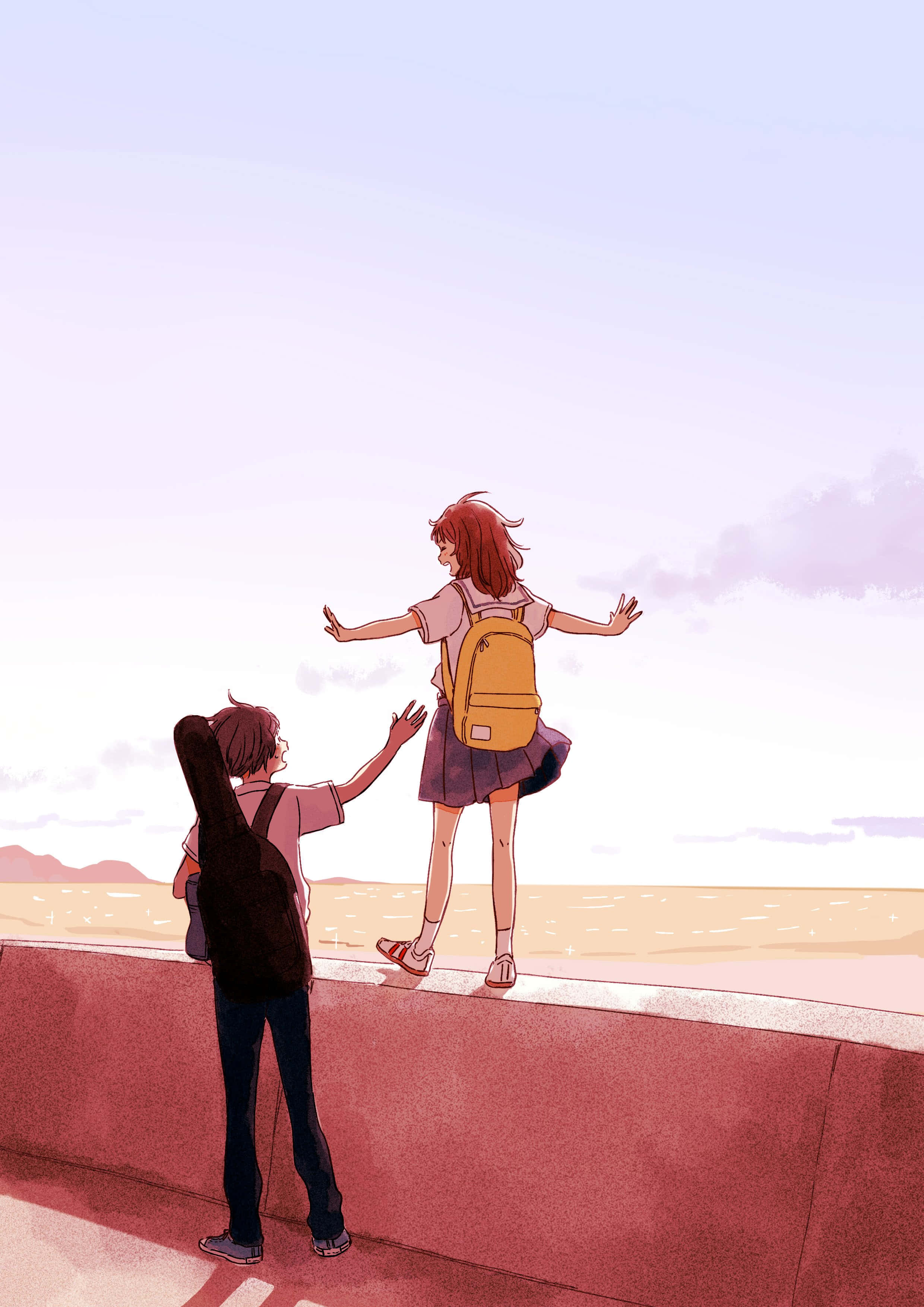 A Romance Written in the stars, seaside wall, anime teens, 2K Phone Wallpaper
