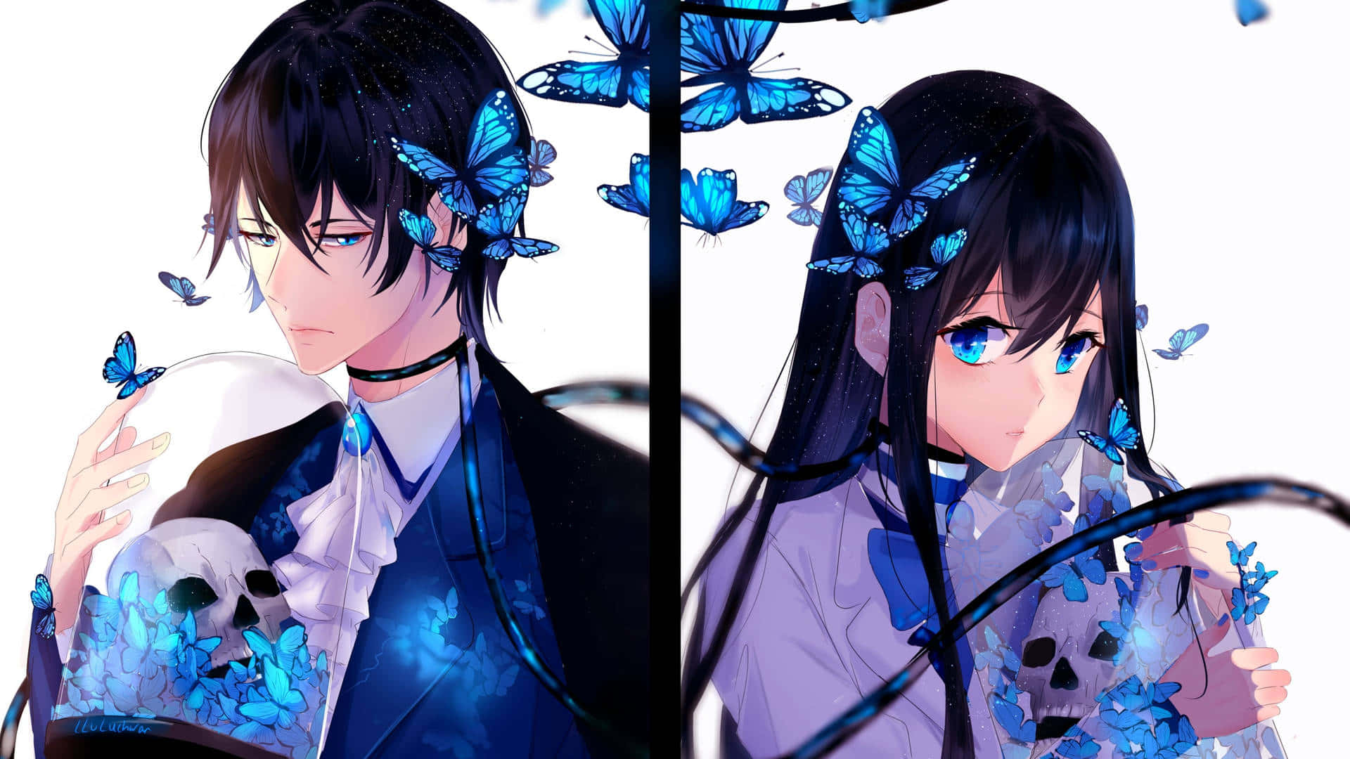 Aesthetic Couple Anime, dark hair, blue eyes, Full HD Desktop Wallpaper