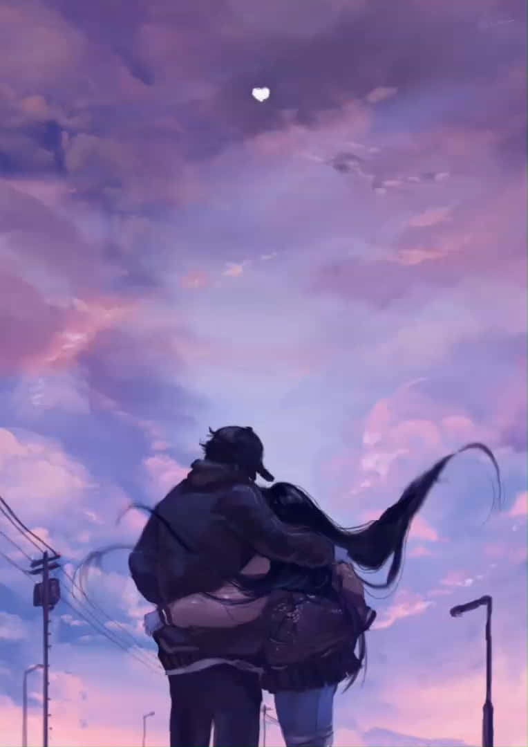 Aesthetic Couple Anime, twilight sky, heart-shaped moon, SD Phone Wallpaper