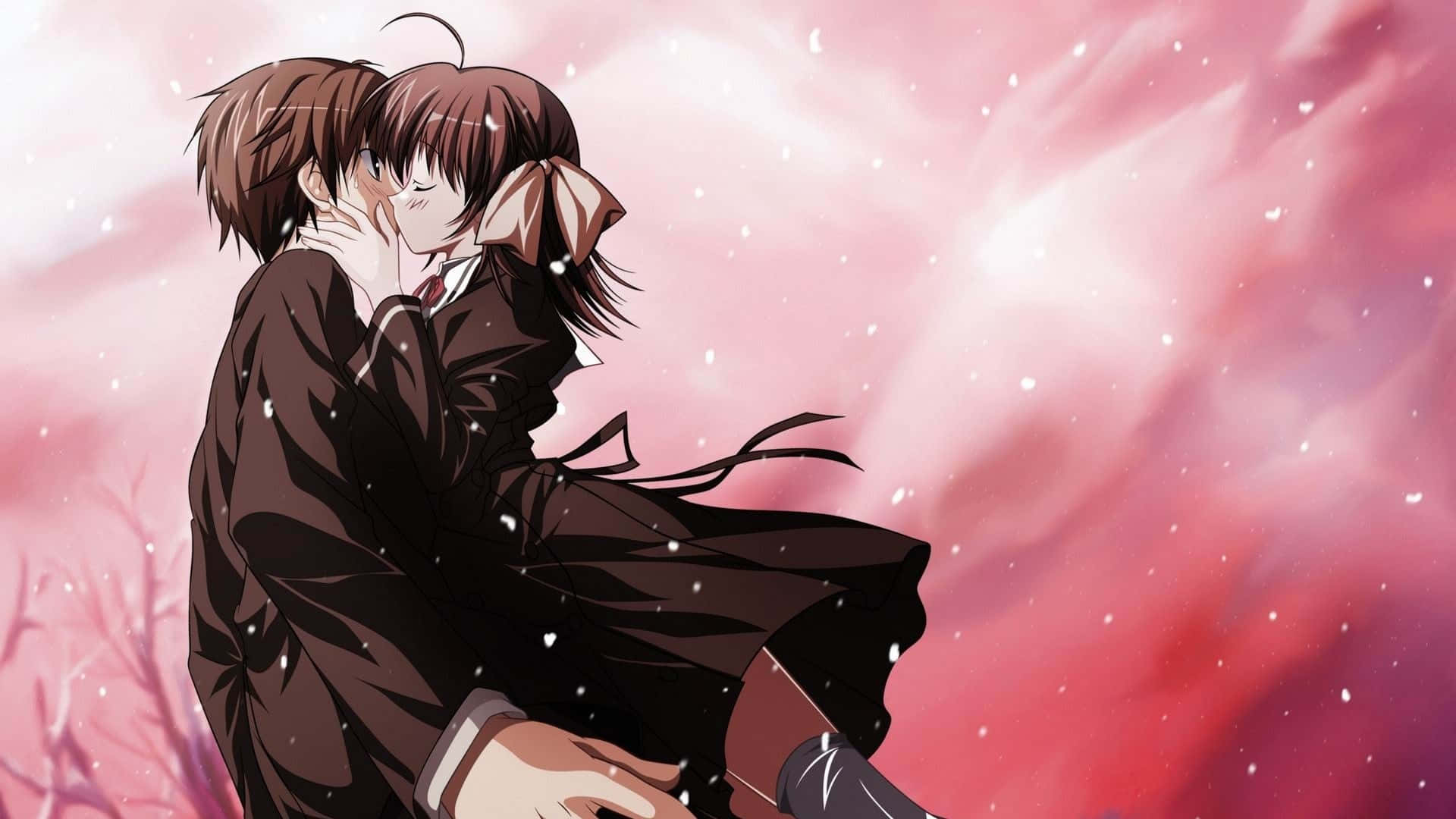 Aesthetic Couple Anime, pink snowy sky, cherry blossom petals, Full HD Desktop Wallpaper