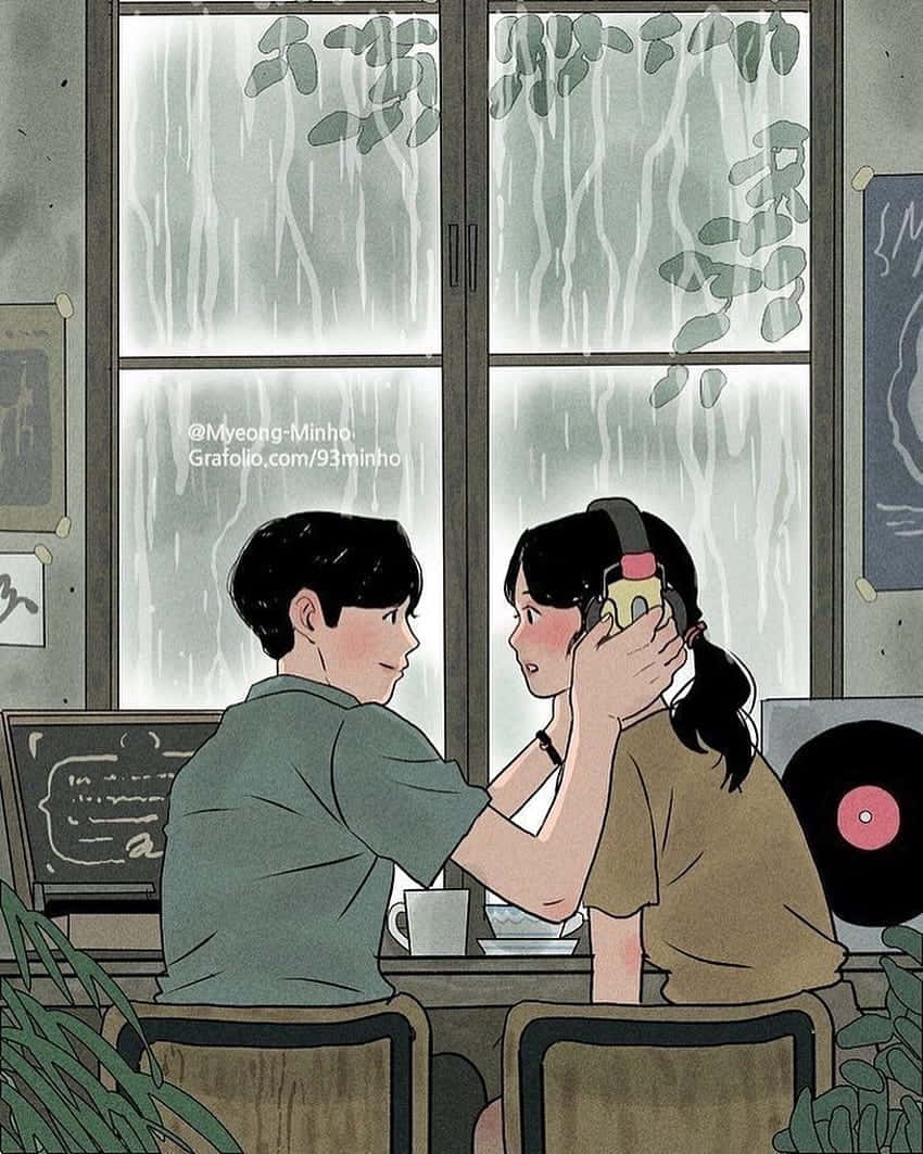Aesthetic Couple Anime, rain, window, SD Phone Wallpaper