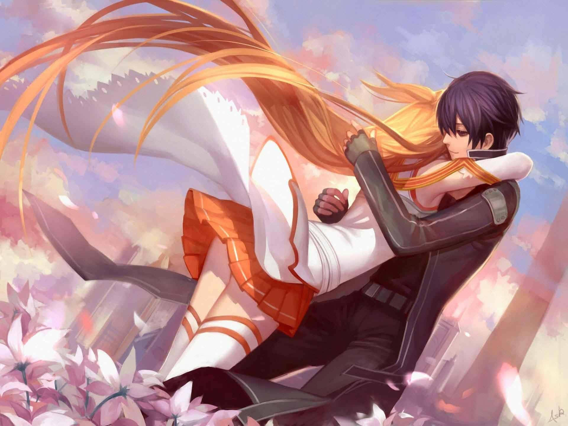 Aesthetic Couple Anime, dark-haired boy, girl with flowing orange hair, Full HD Desktop Wallpaper