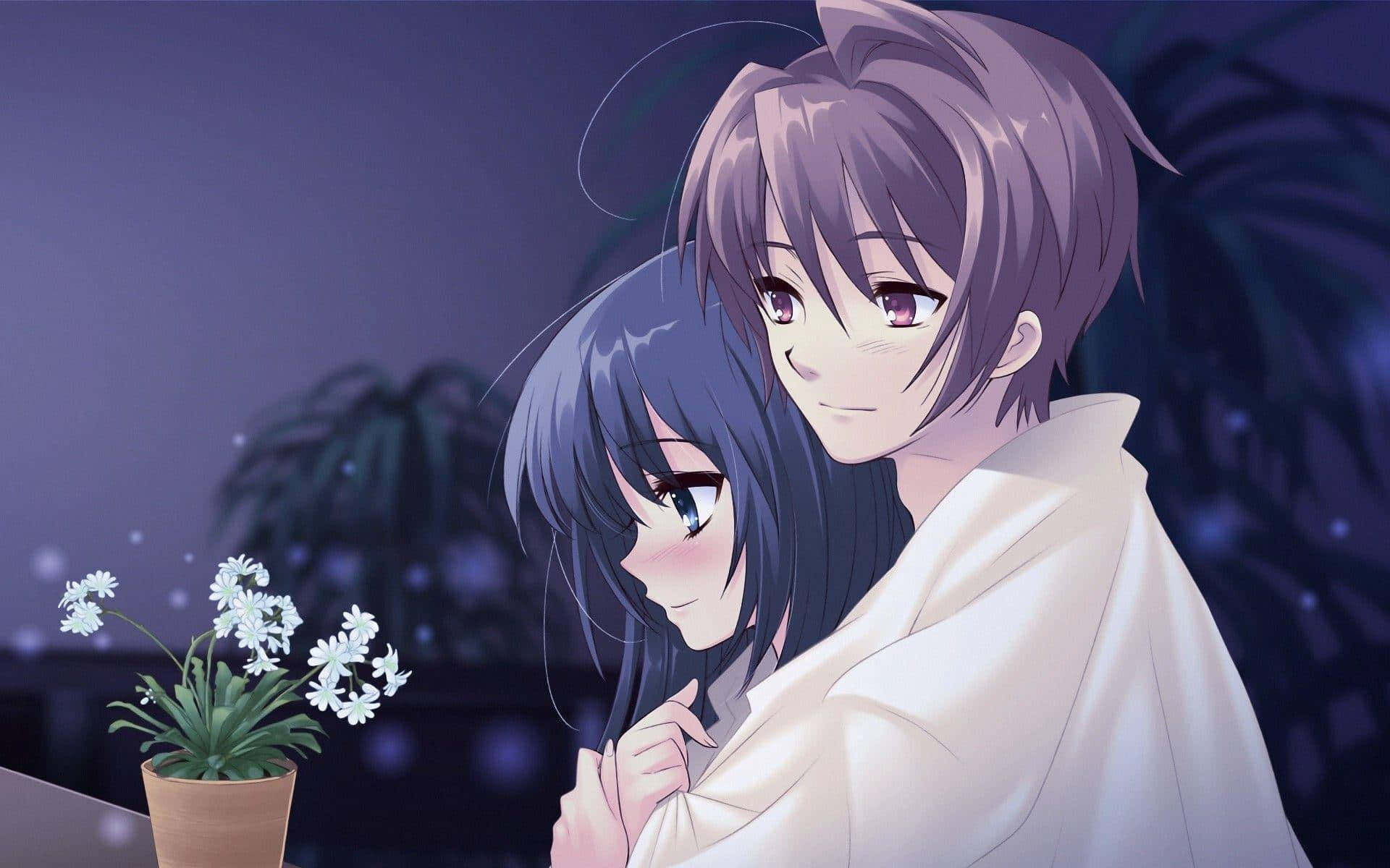Aesthetic Couple Anime, twilight sky, potted white flower, Full HD Desktop Wallpaper