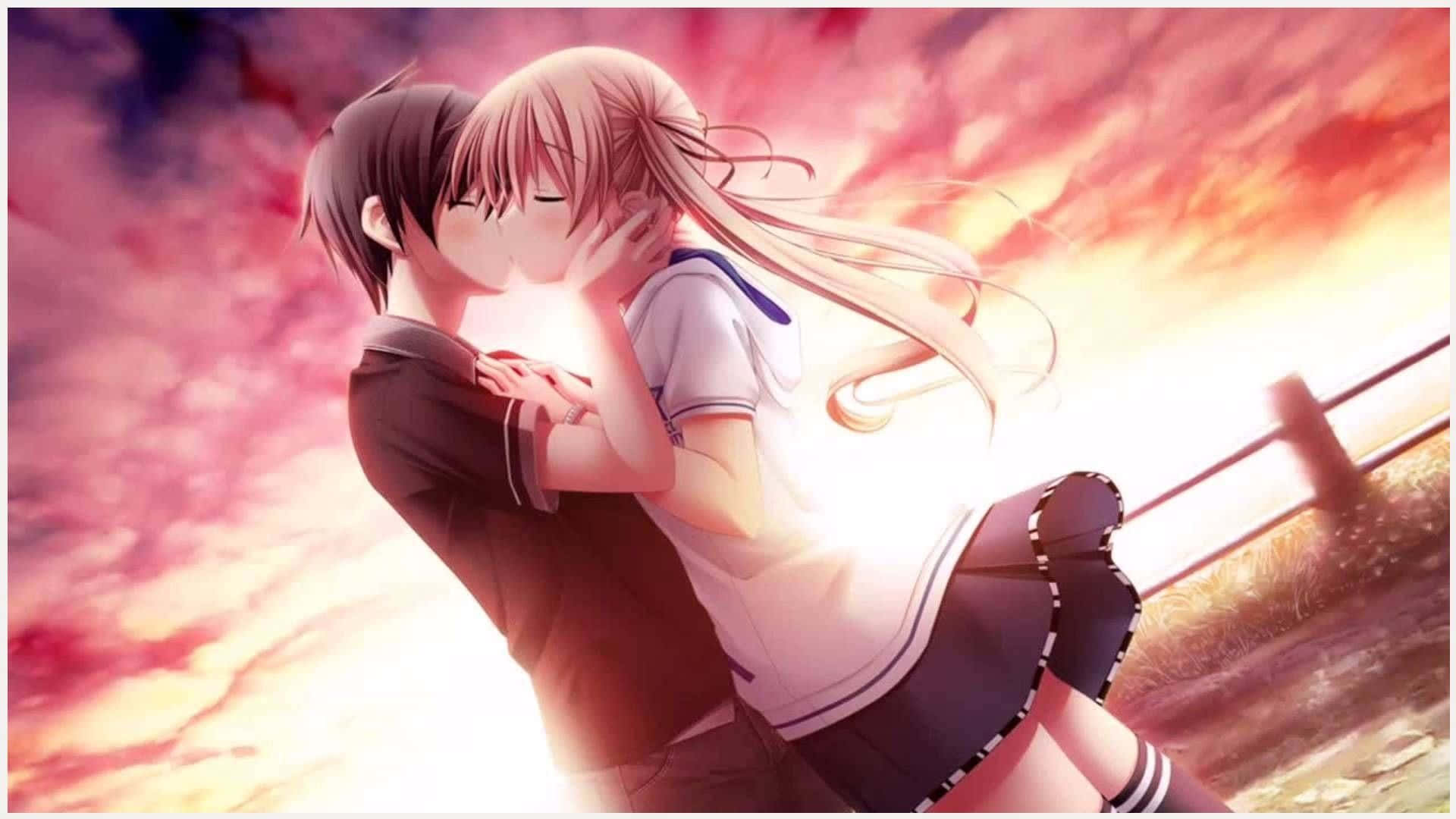 aesthetic couple anime, fiery sunset sky, glowing clouds, Full HD Desktop Wallpaper