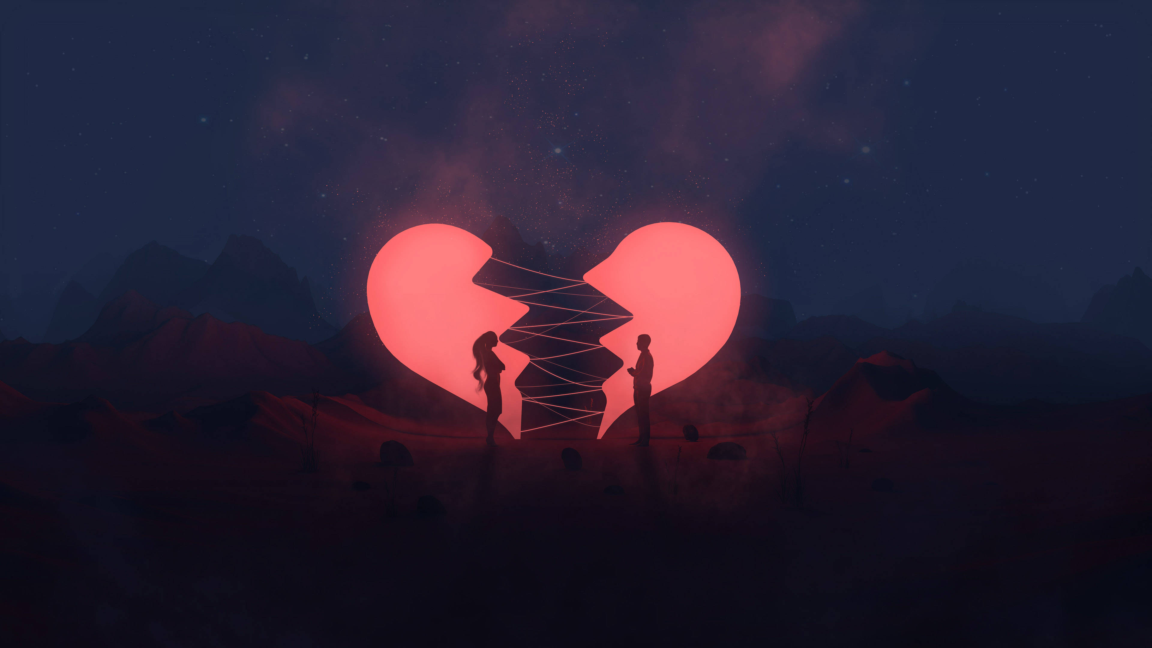 Aesthetic Couple, broken heart, starry mountainous night landscape, 4K Desktop Wallpaper