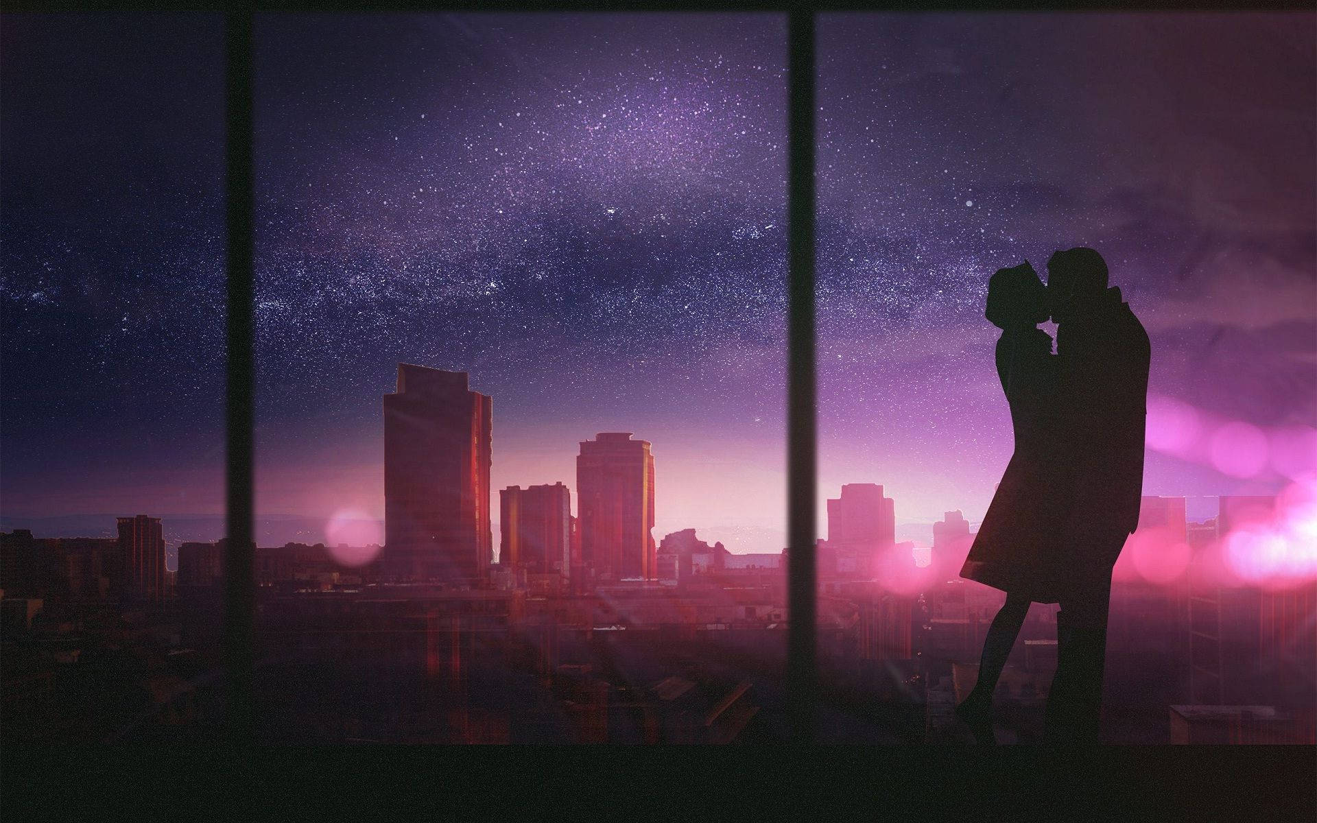 silhouetted couple, rooftop, vibrant purple starry sky, Full HD Desktop Wallpaper