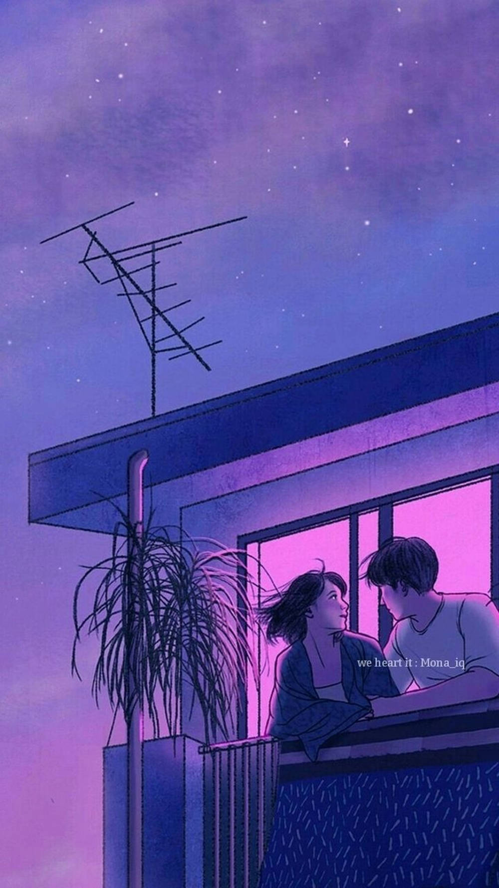 Aesthetic Couple, balcony, starry purple sky, HD Phone Wallpaper