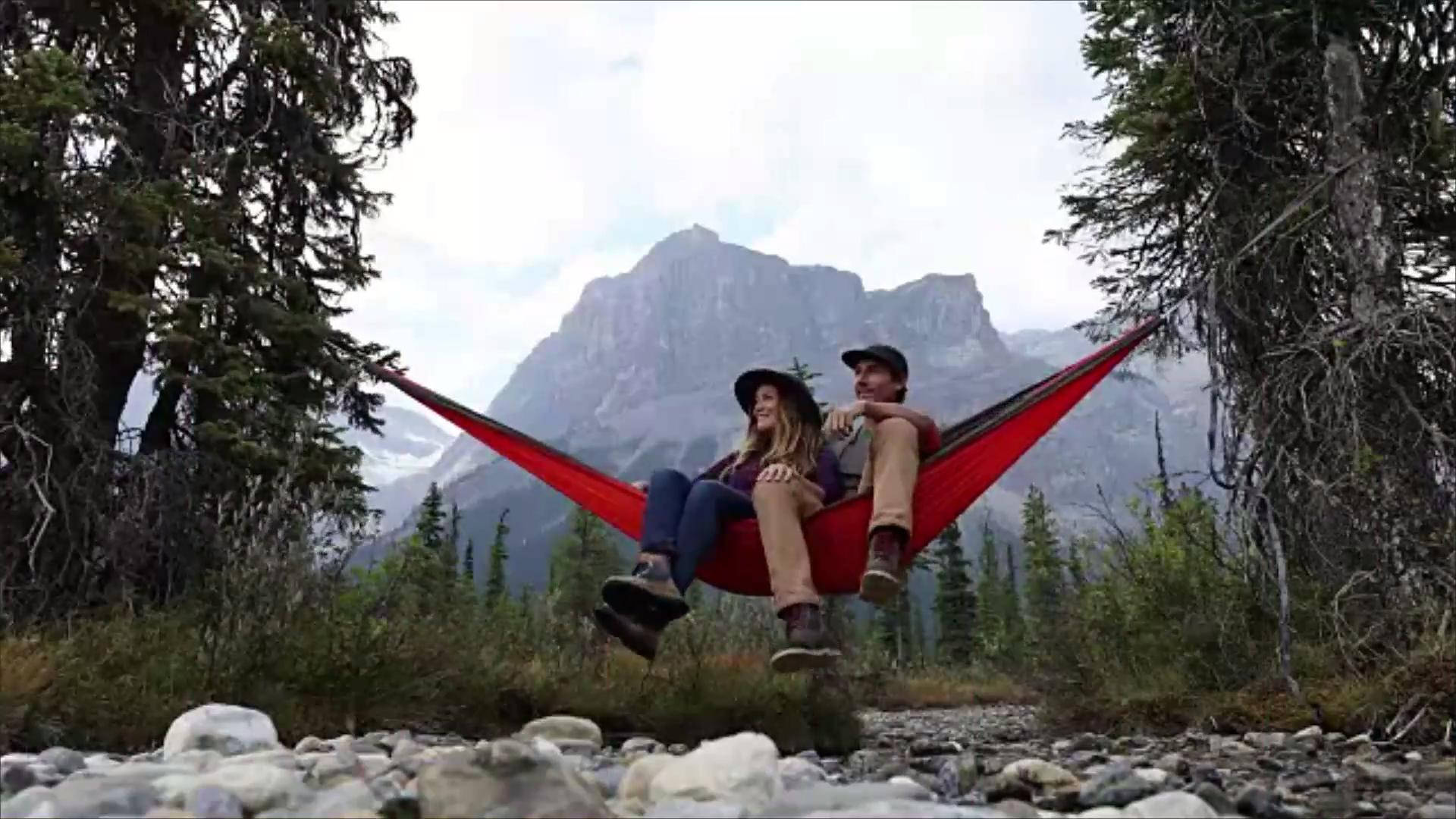 red hammock, trees, rugged mountain peak, Full HD Desktop Wallpaper
