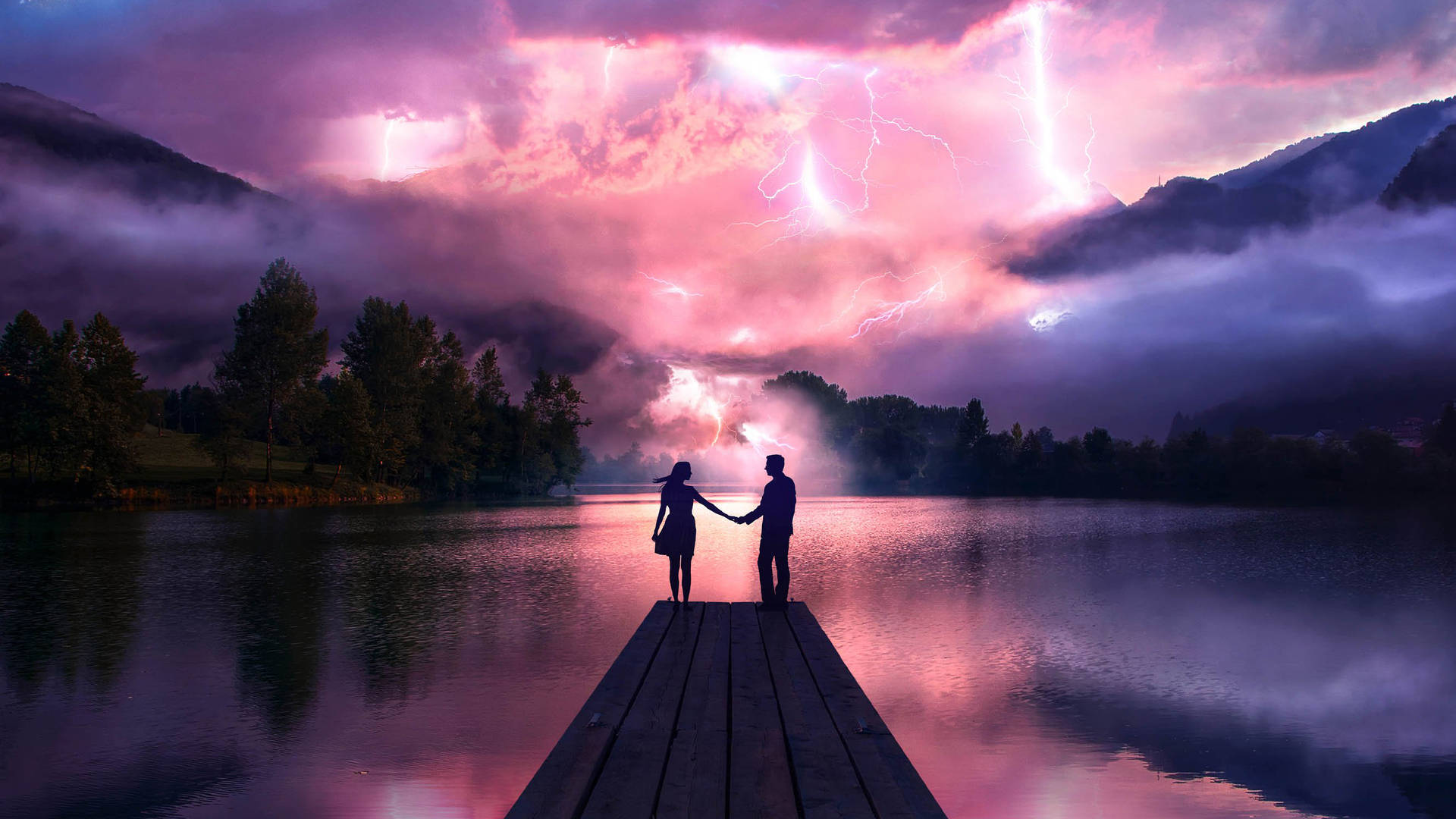 thunderstorm weather, wooden dock, lightning, Full HD Desktop Wallpaper