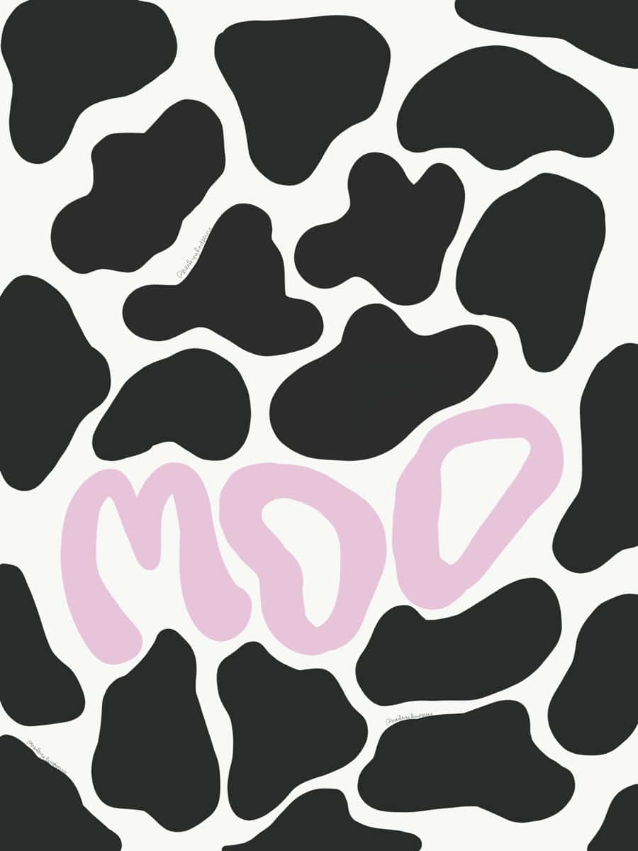 aesthetic cow, black cow print, soft pink 'MOO' text, SD Phone Wallpaper