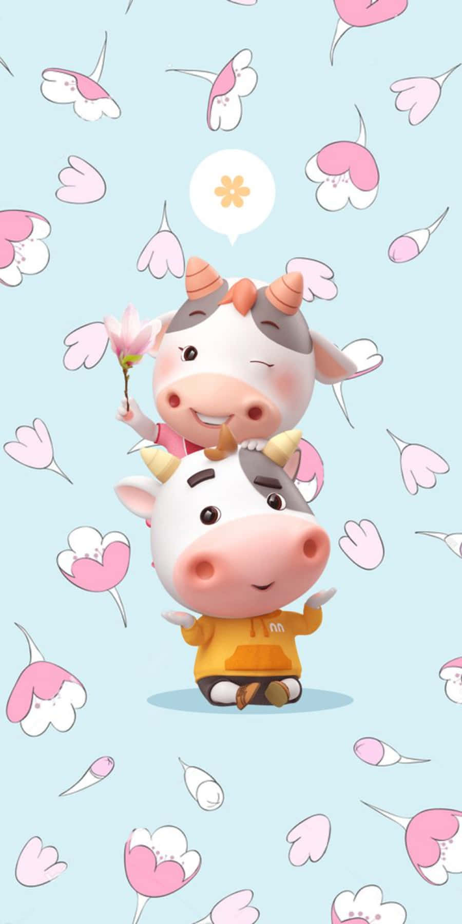 kawaii cute cow, pink hearts, flowers, HD Phone Wallpaper