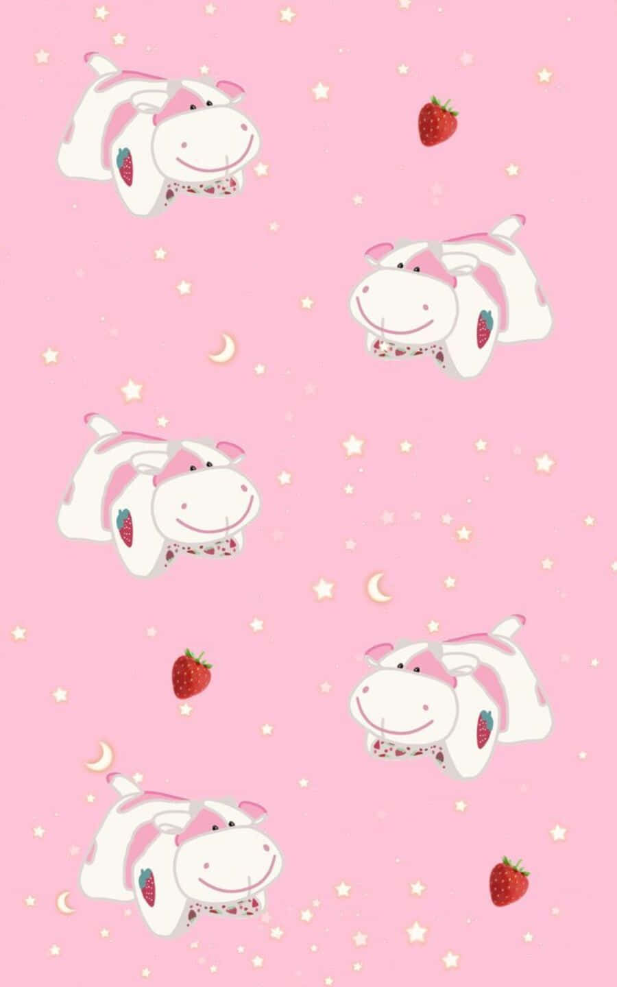 kawaii cute cow, strawberry patches, stars, HD Phone Wallpaper