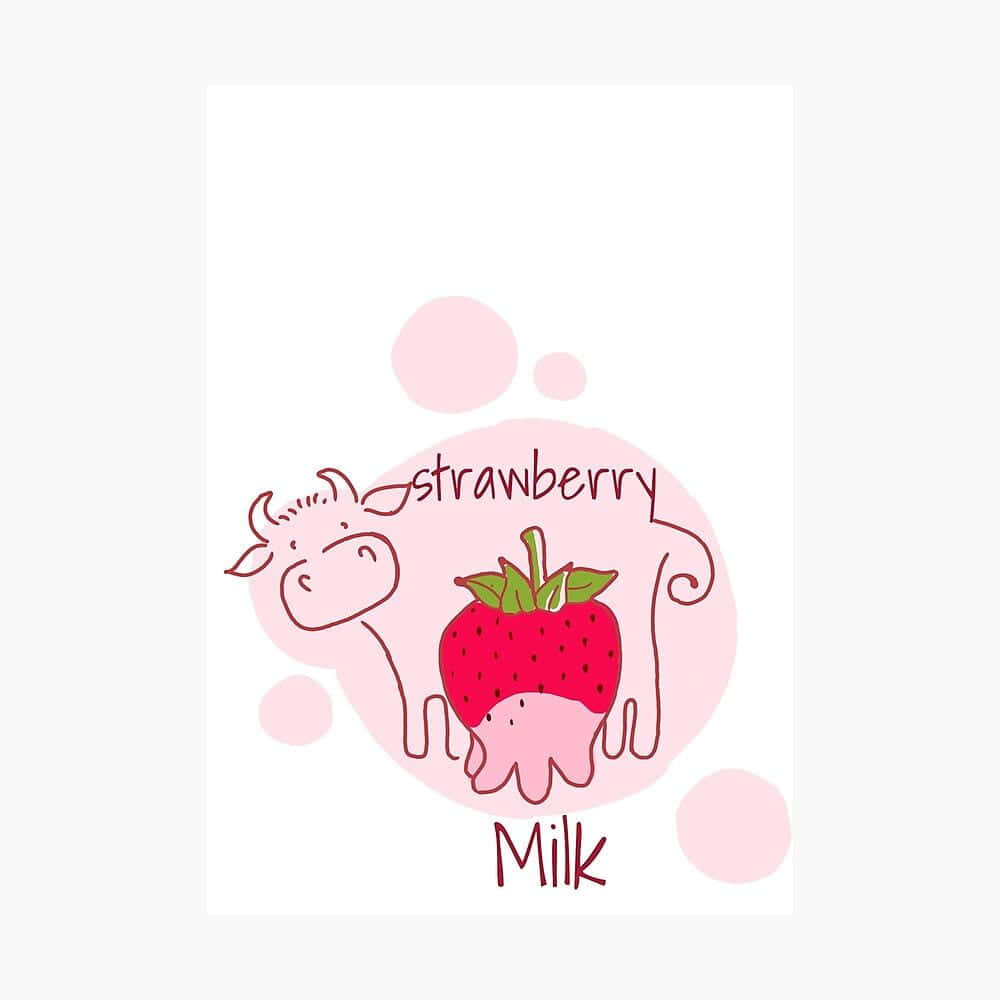 kawaii cute cow, strawberry for a body, milk text, SD Desktop Wallpaper