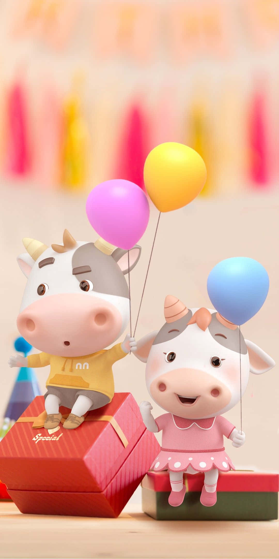 kawaii cute cow, cartoon cows, party outfits, Full HD Phone Wallpaper