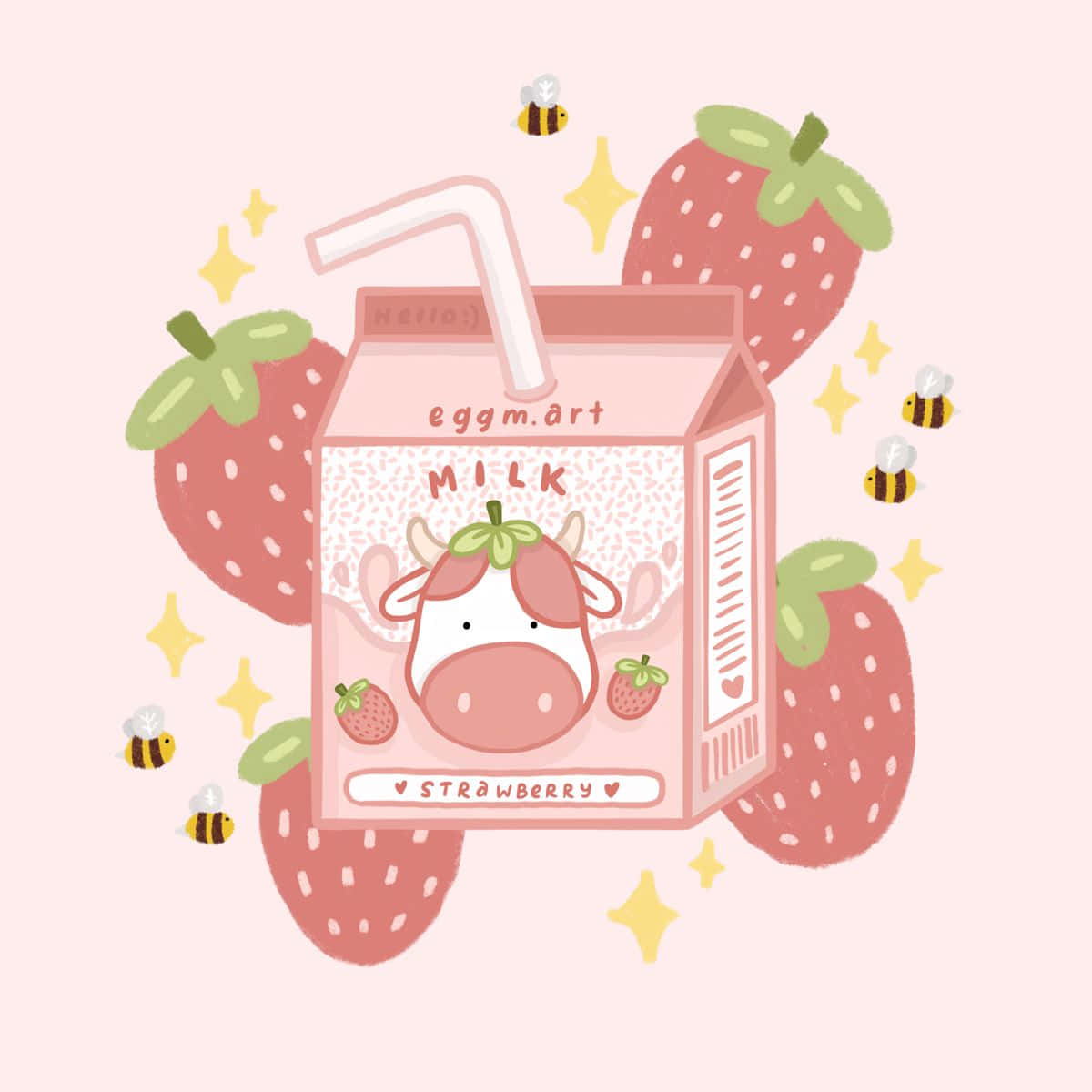 aesthetic cow, pink strawberry milk carton, cow face, SD Desktop Wallpaper