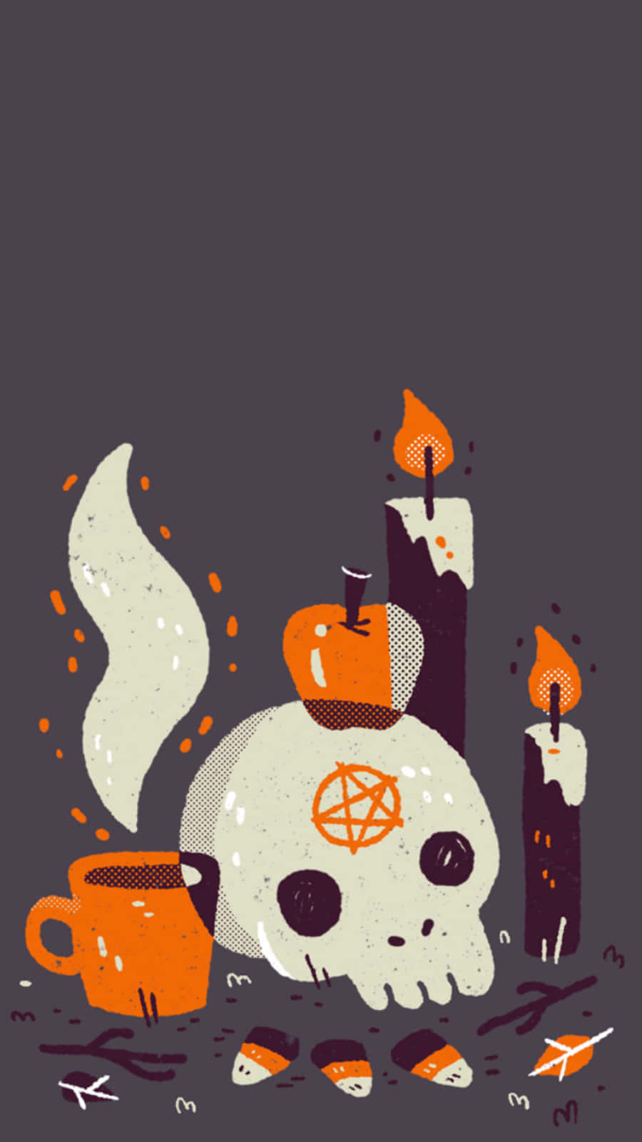 spooky ritual, skull wearing an orange pentagram, candles, HD Phone Wallpaper