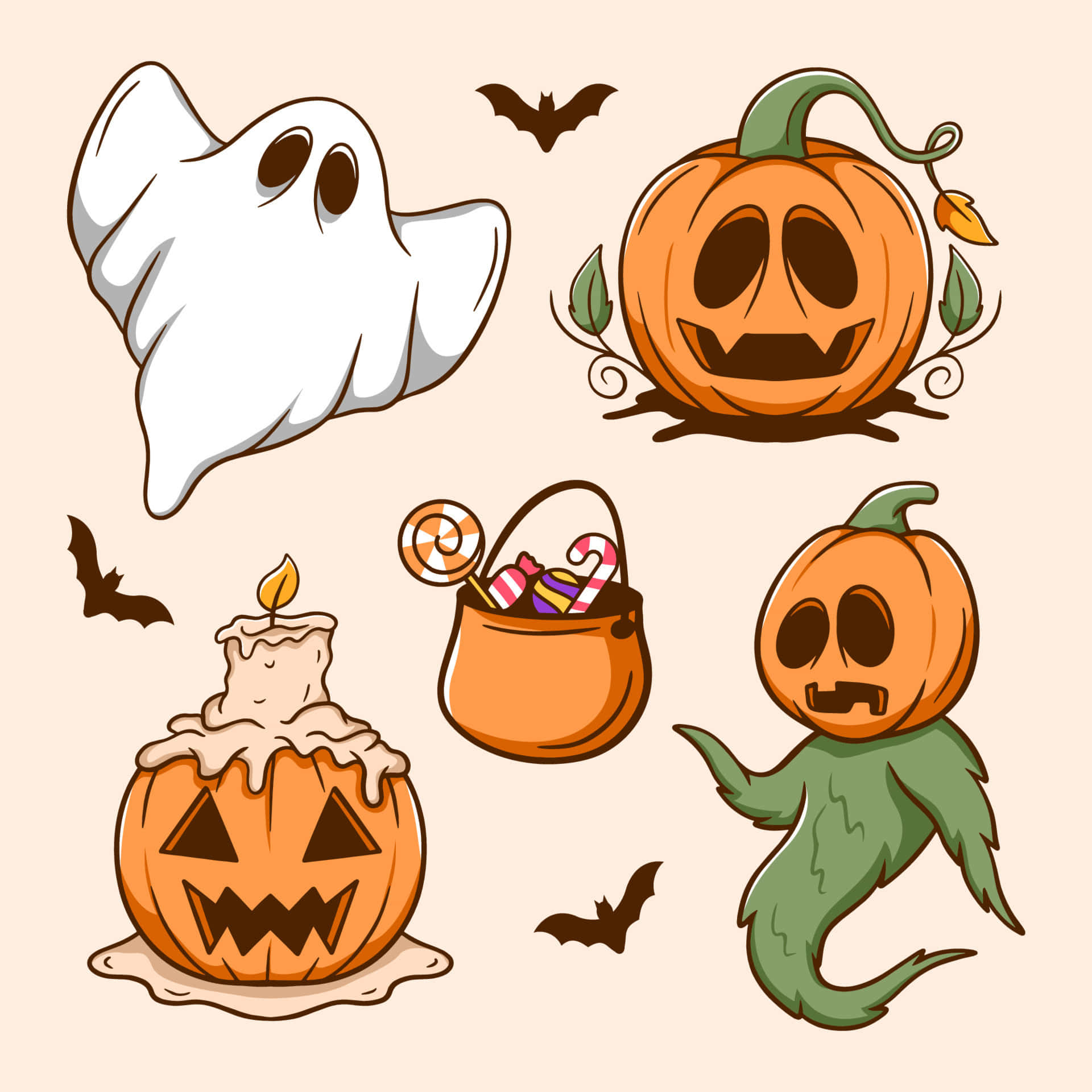 Aesthetic Cute Halloween, ghosts, pumpkins, Full HD Desktop Wallpaper