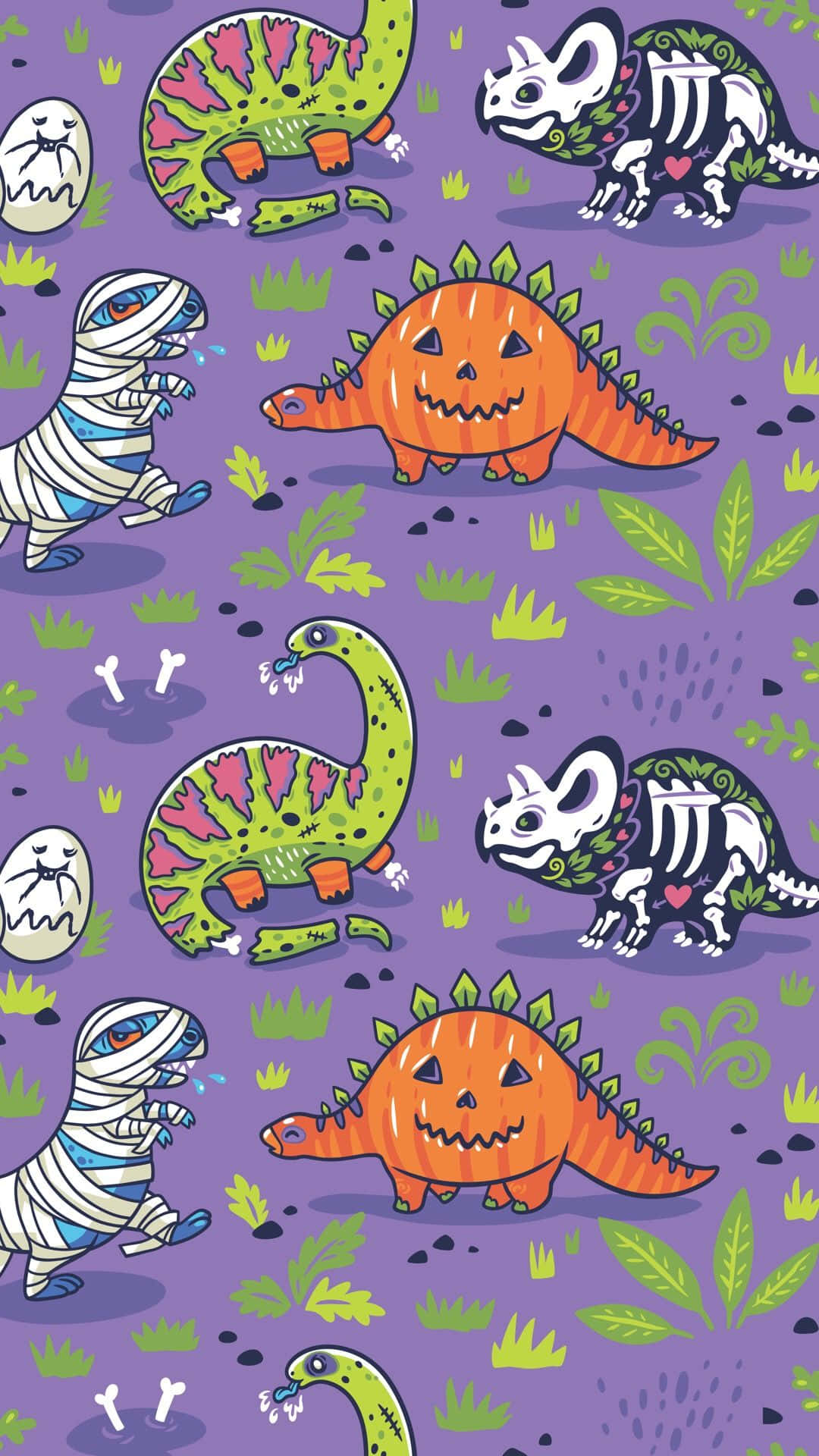 Aesthetic Cute Halloween Dinosaurs, cartoon dinosaurs, spooky faces, Full HD Phone Wallpaper