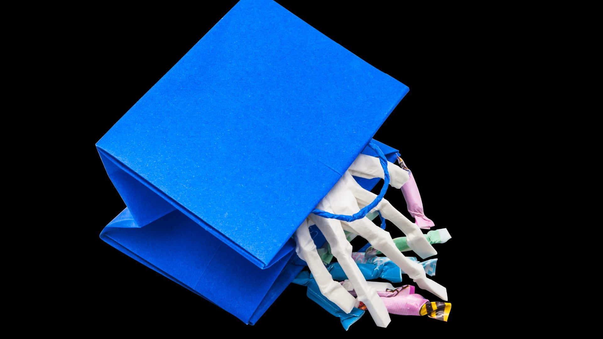 Trick or Treat bags, bright blue paper bag, colorful candy wrappers, Full HD Desktop Wallpaper