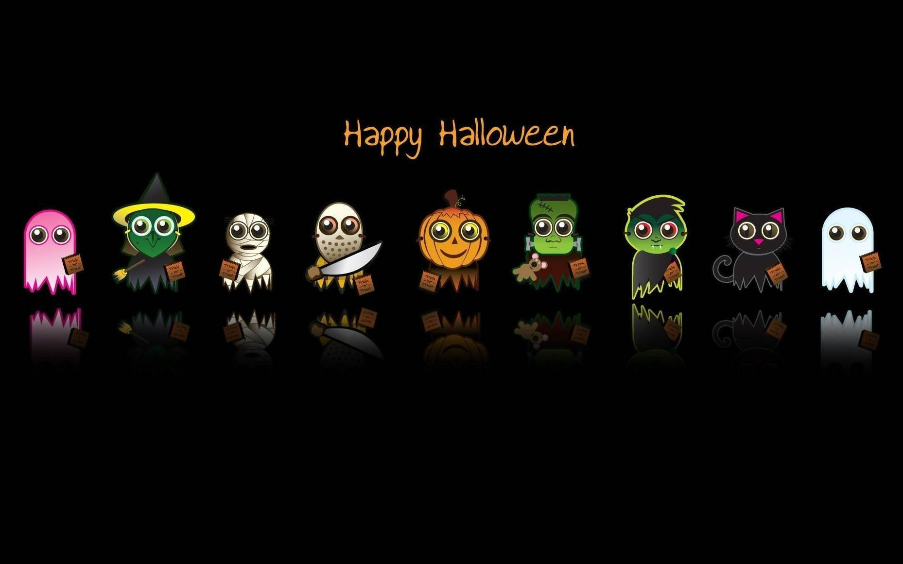 cute cartoon Halloween characters, ghosts, pumpkins, HD Desktop Wallpaper