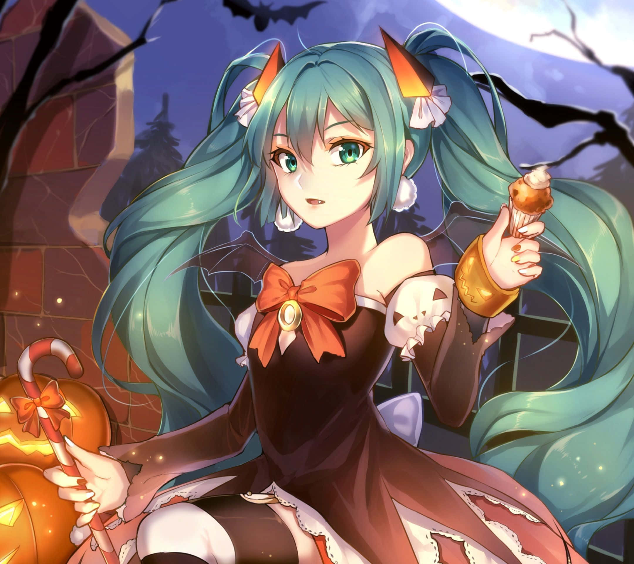 anime witch, teal-haired, cat ears, Full HD Desktop Wallpaper