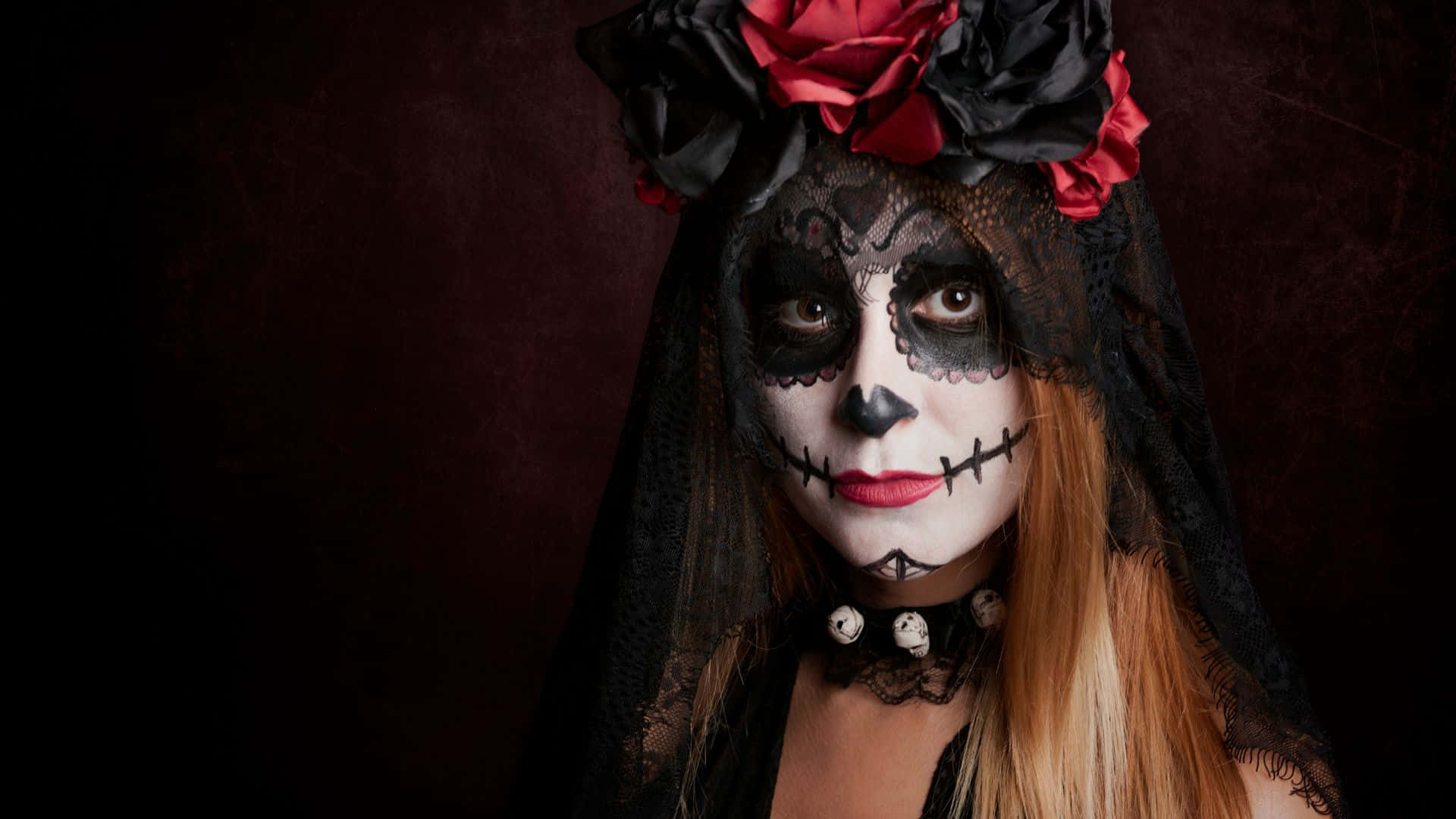 sugar skull makeup, black lace veil, red and black roses, Full HD Desktop Wallpaper