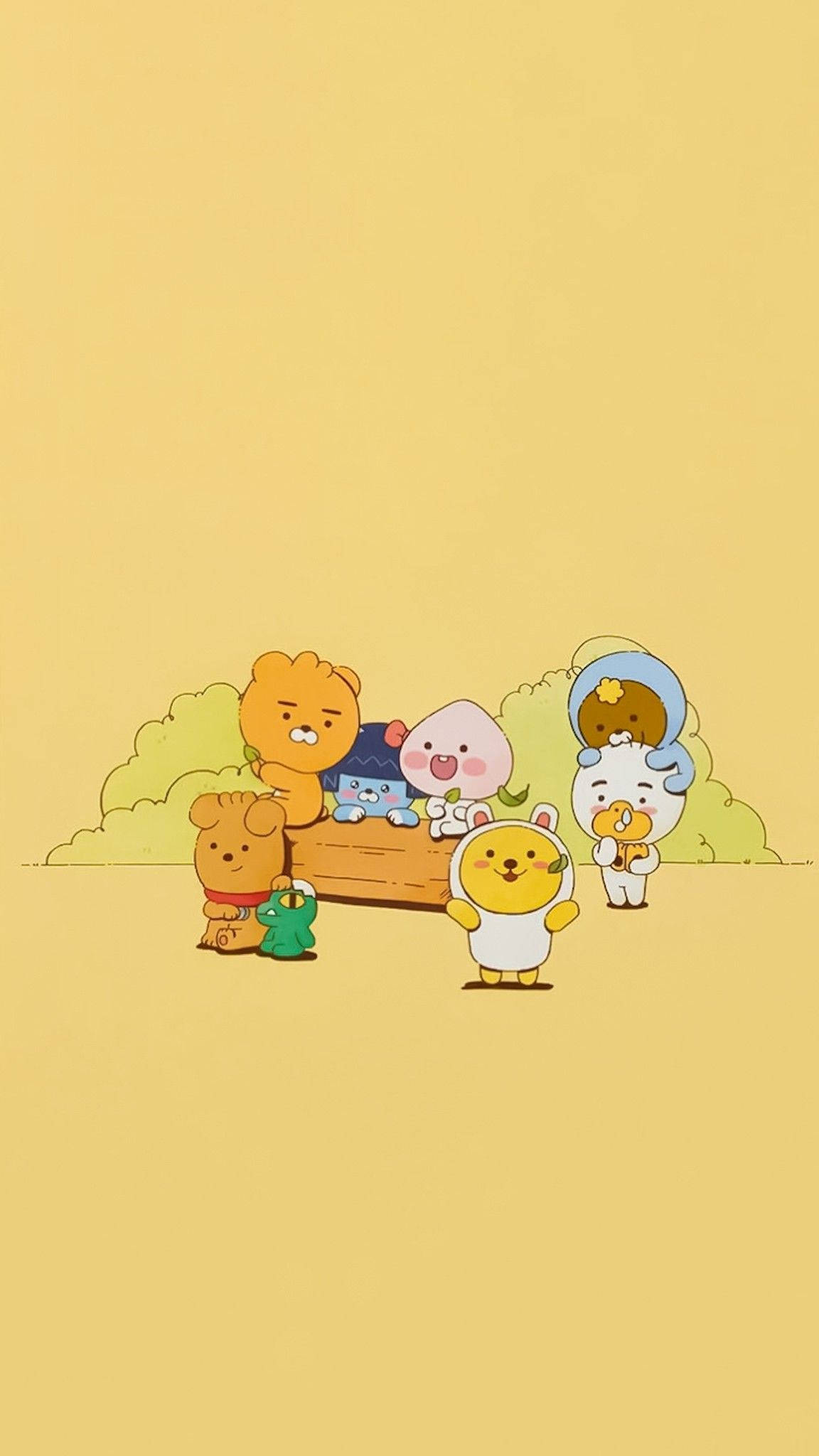 cute cartoon animals, wooden bench, minimalist yellow landscape, Full HD Phone Wallpaper