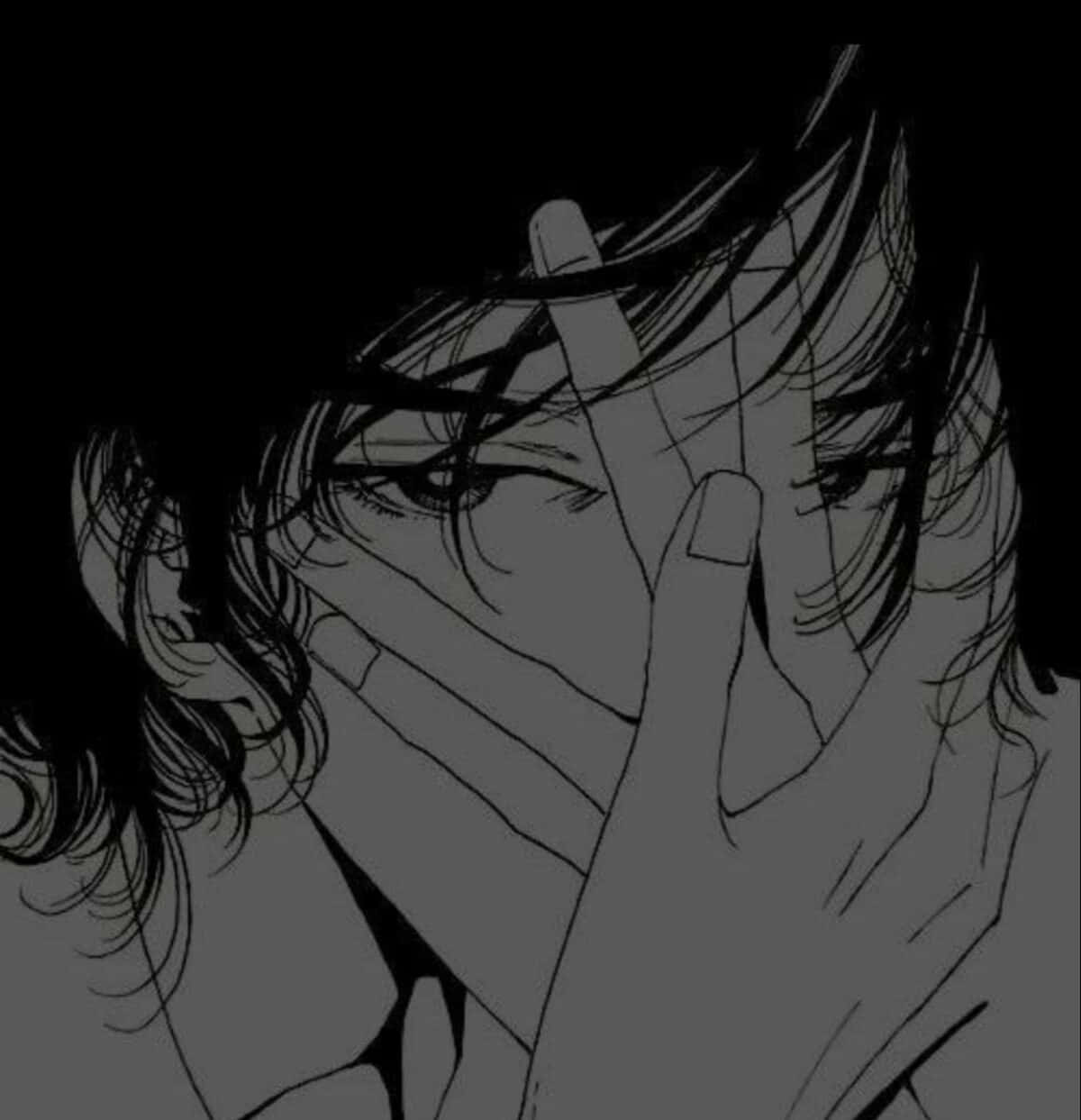 Face Hide Aesthetic Discord PFP, monochrome anime character, tousled hair, SD Phone Wallpaper
