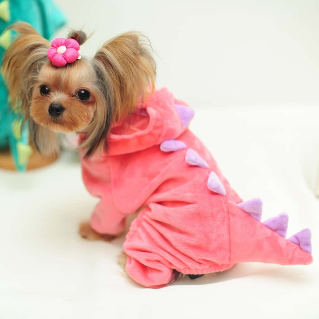 pink plush dinosaur costume, purple spikes, flower hair clip, SD Desktop Wallpaper
