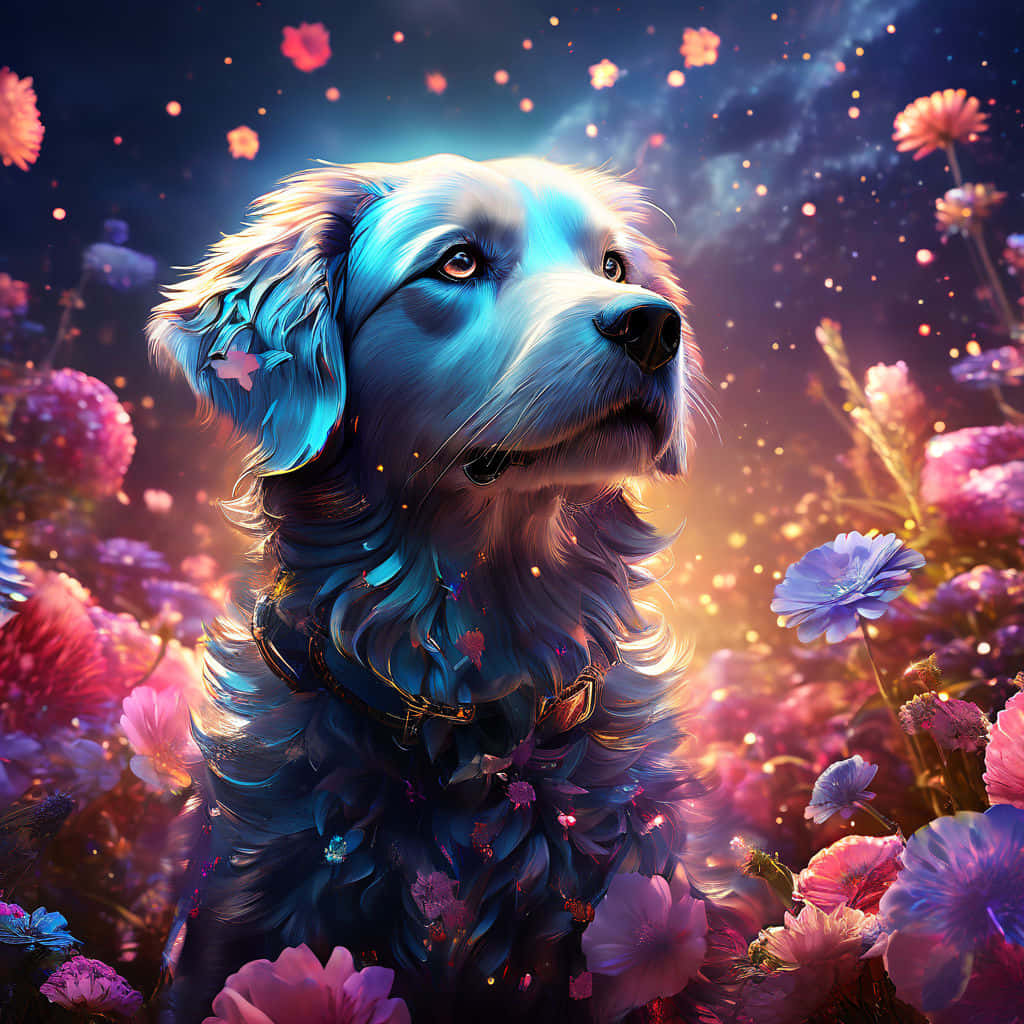 enchanted garden, blue-furred dog, glowing pink and purple flowers, SD Desktop Wallpaper