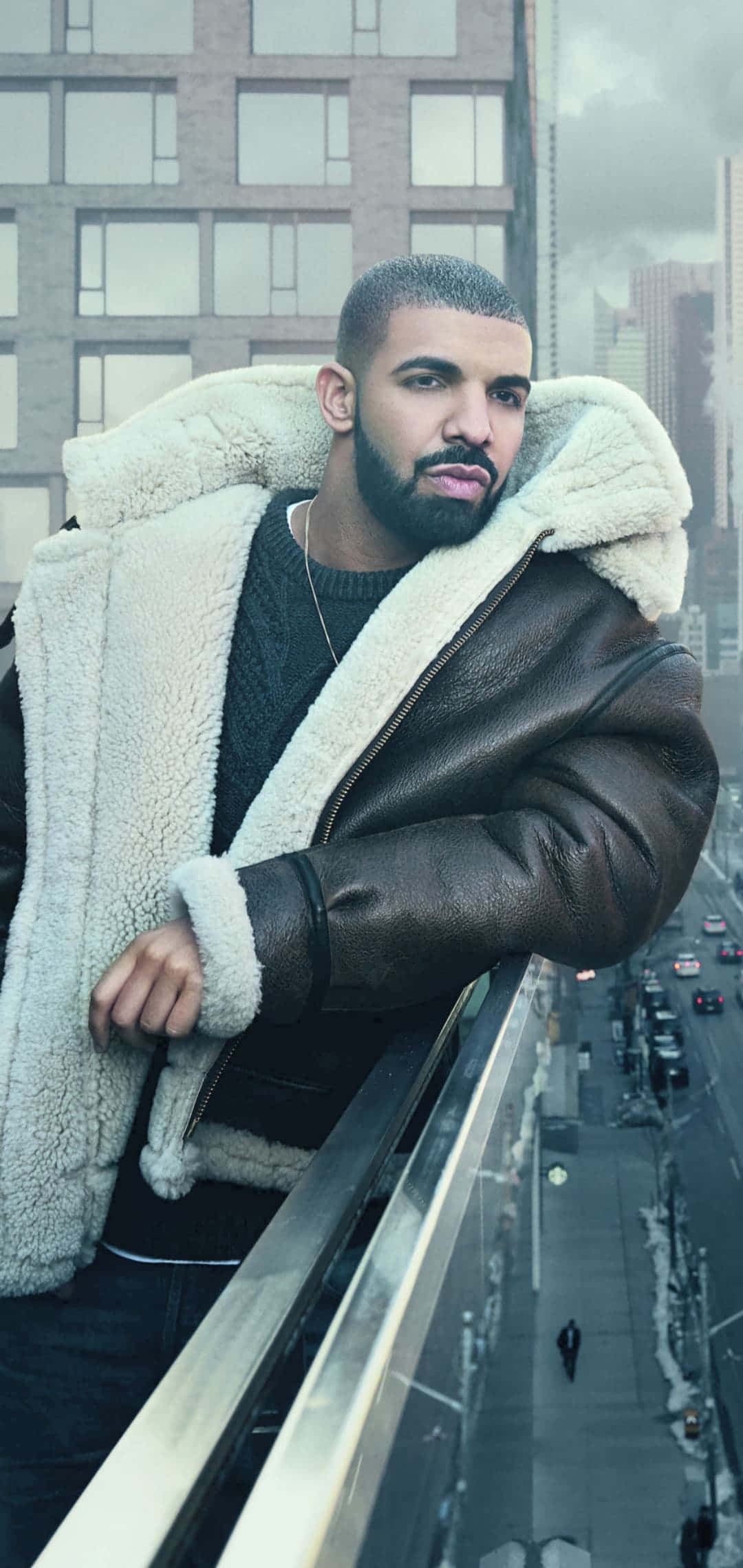 Drake, high-rise balcony, bustling city street, Full HD Phone Wallpaper
