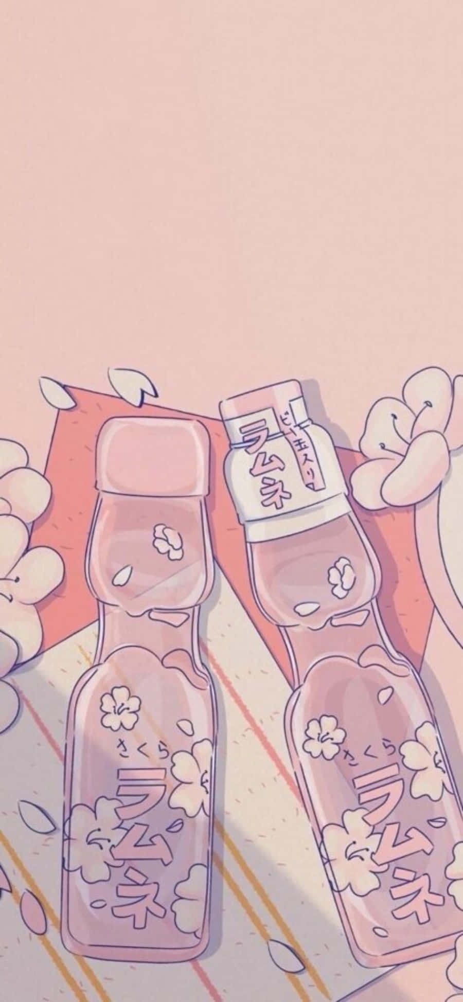 pink cherry blossom flavored Ramune bottles, striped surface, falling petals, Full HD Phone Wallpaper