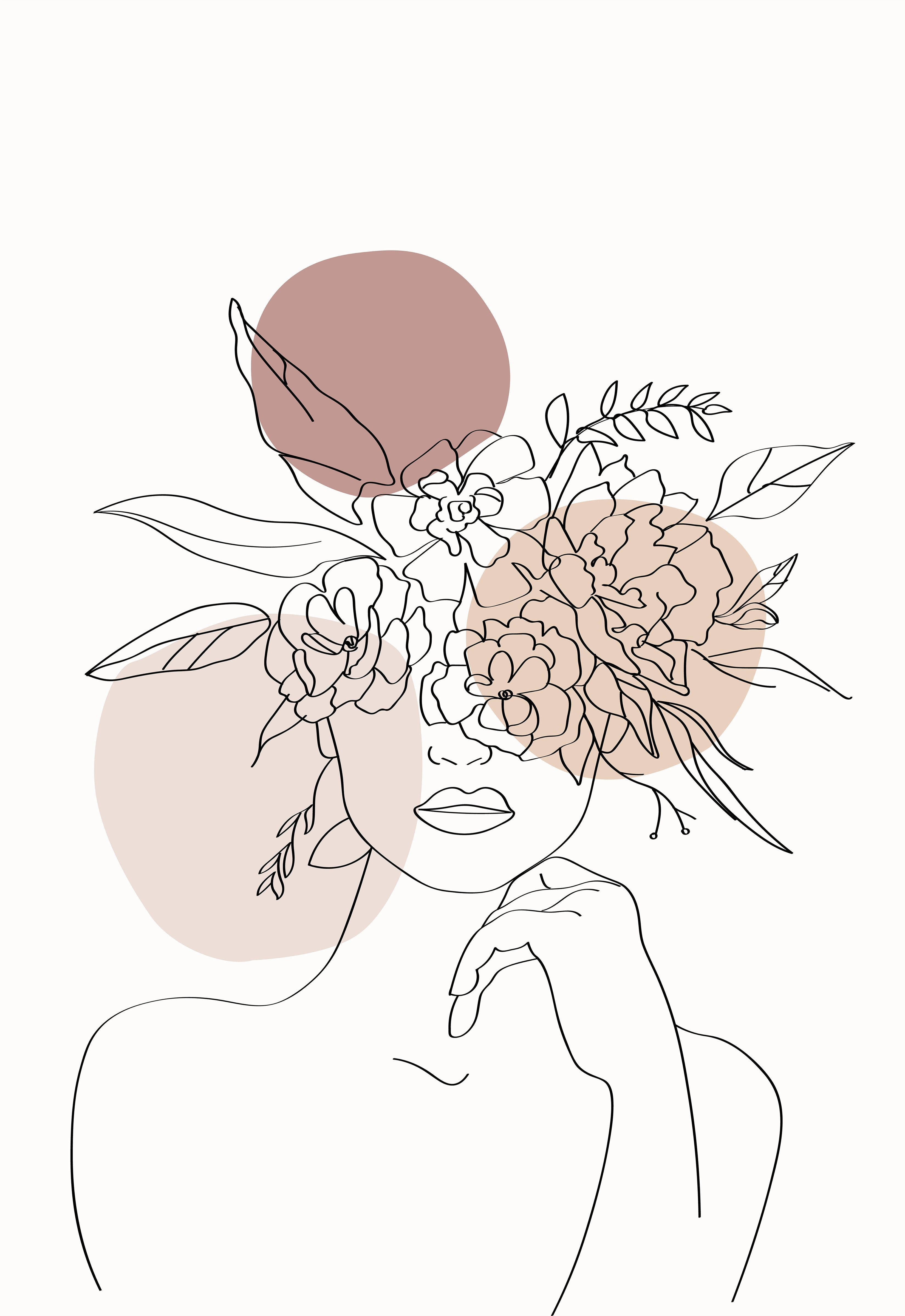 woman with flower hair, floral crown, minimalist line art, 4K Phone Wallpaper