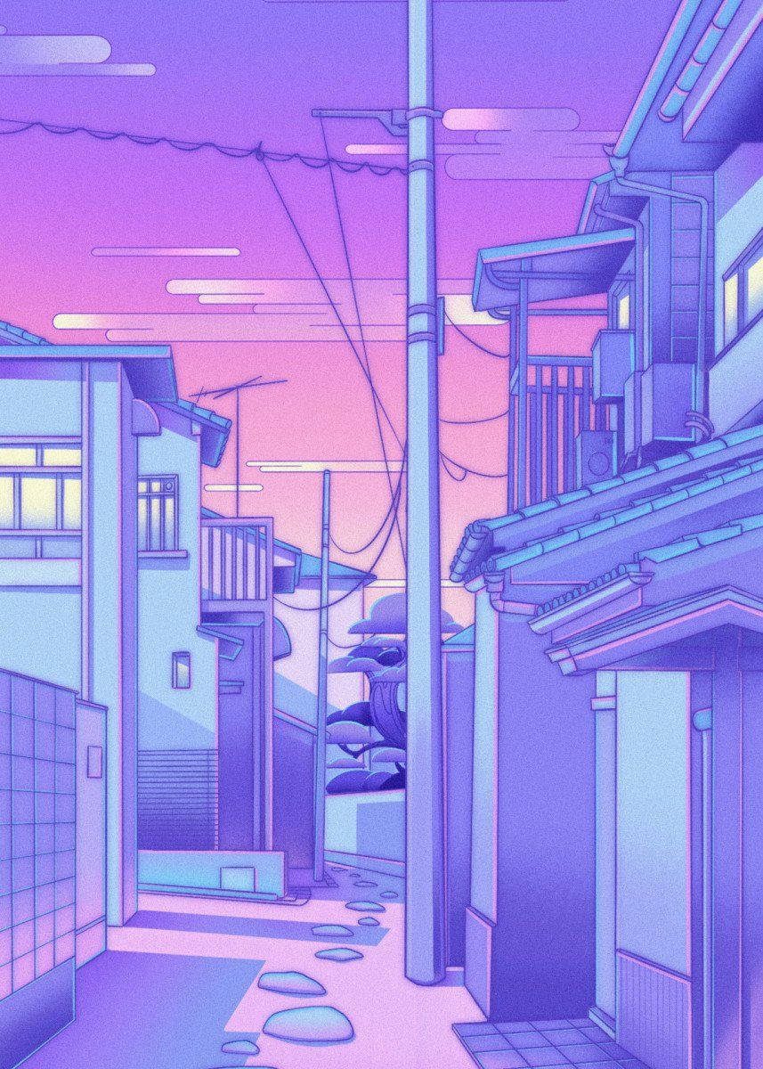 Japanese village, pastel purple, pink, SD Phone Wallpaper