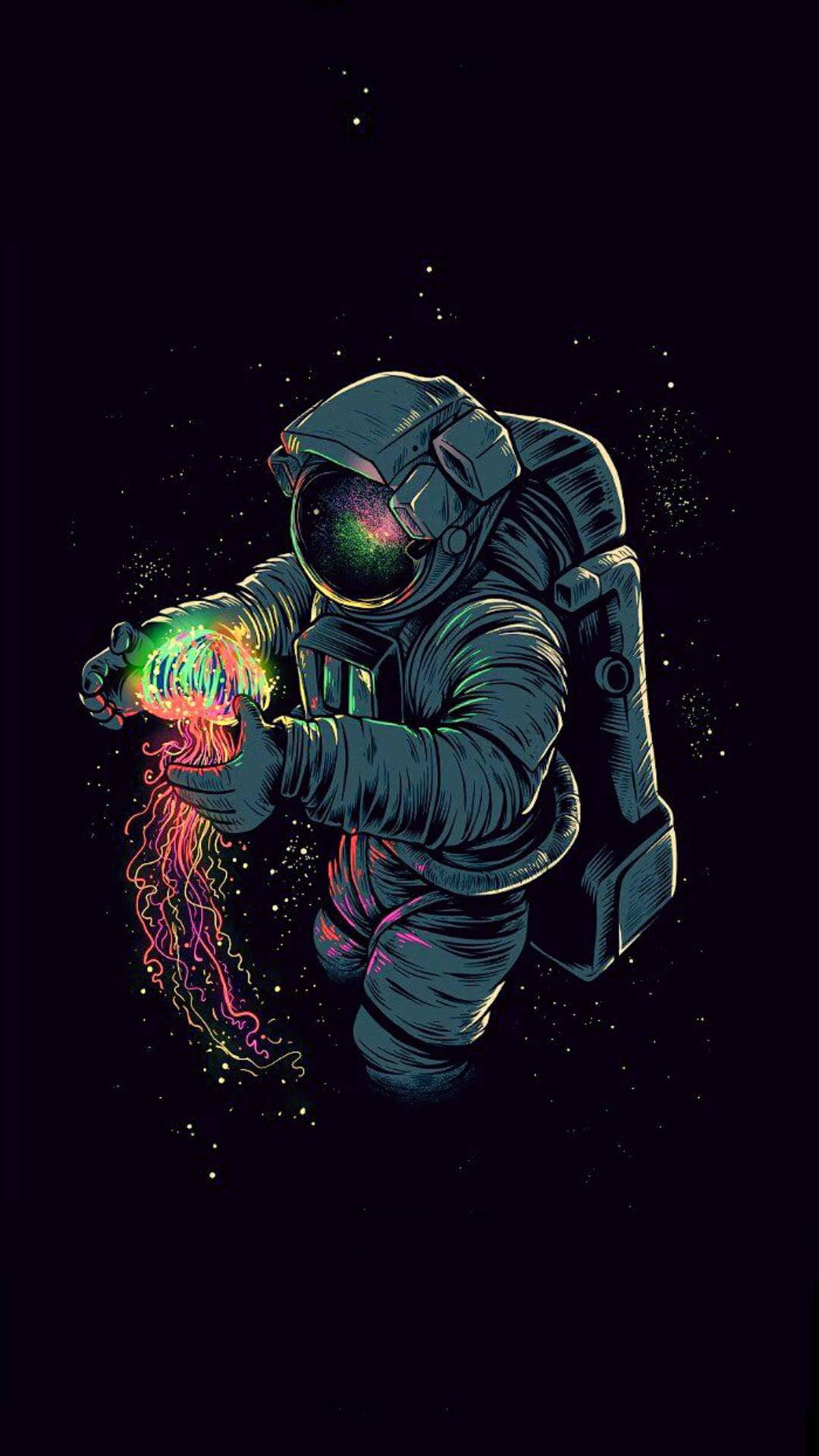 astronaut, space, glowing neon jellyfish, Full HD Phone Wallpaper