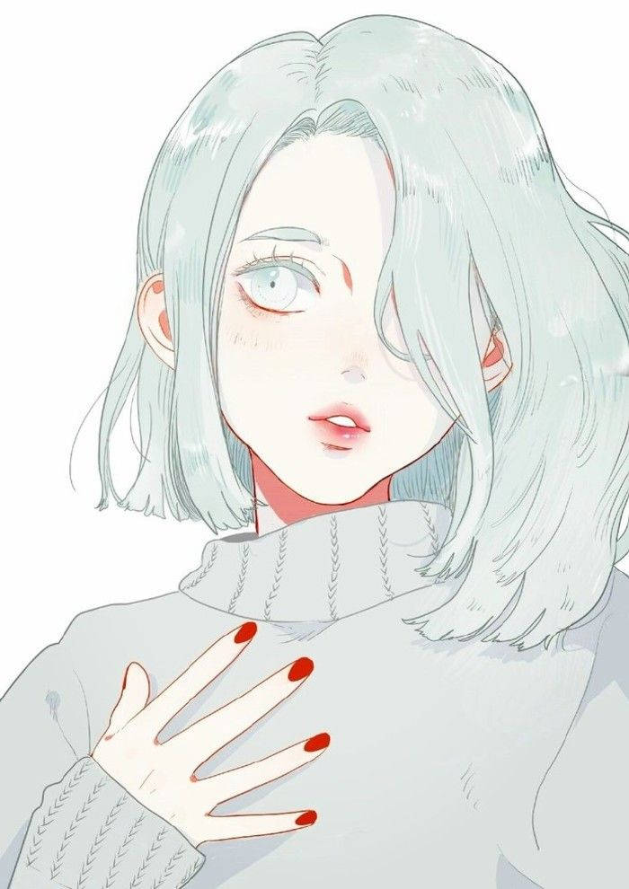 anime girl, pale blue hair, red nails, SD Phone Wallpaper