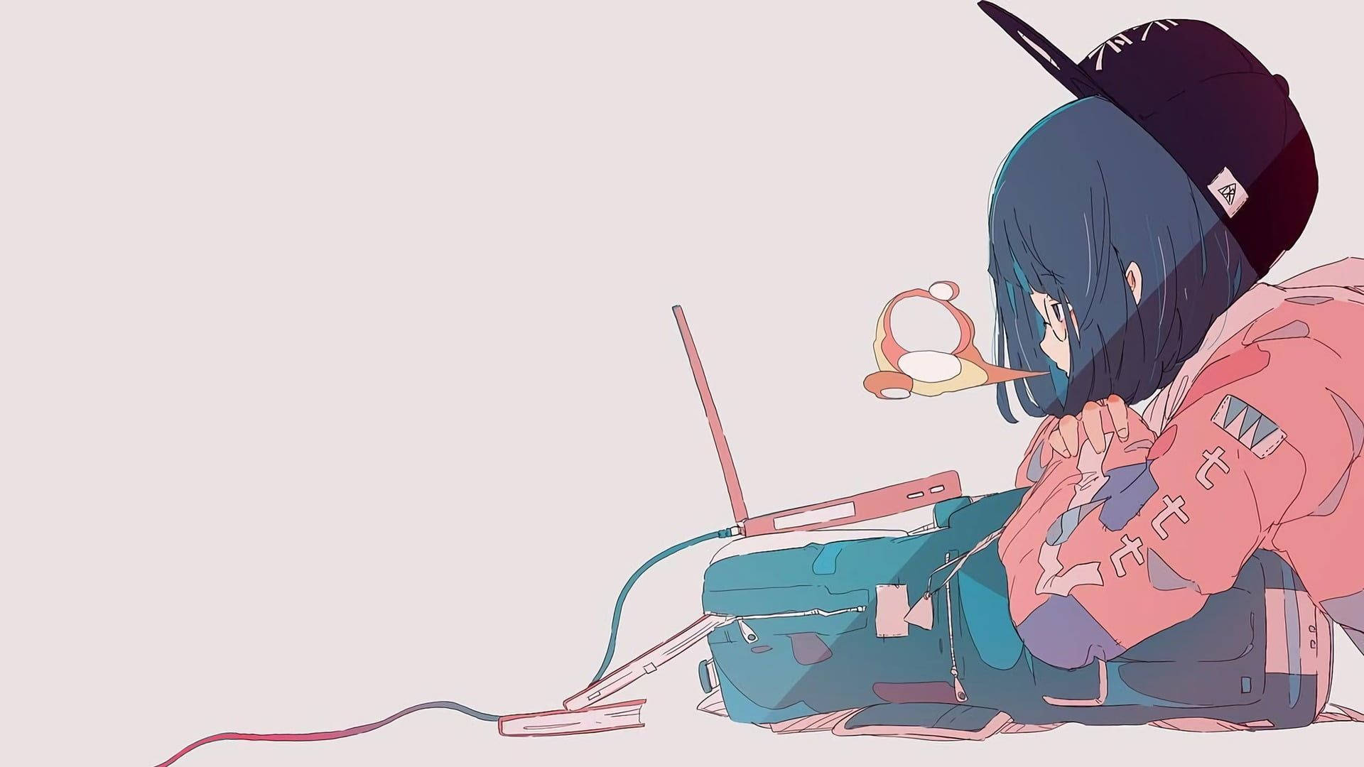blue-haired anime girl, pink hoodie, black cap, Full HD Desktop Wallpaper
