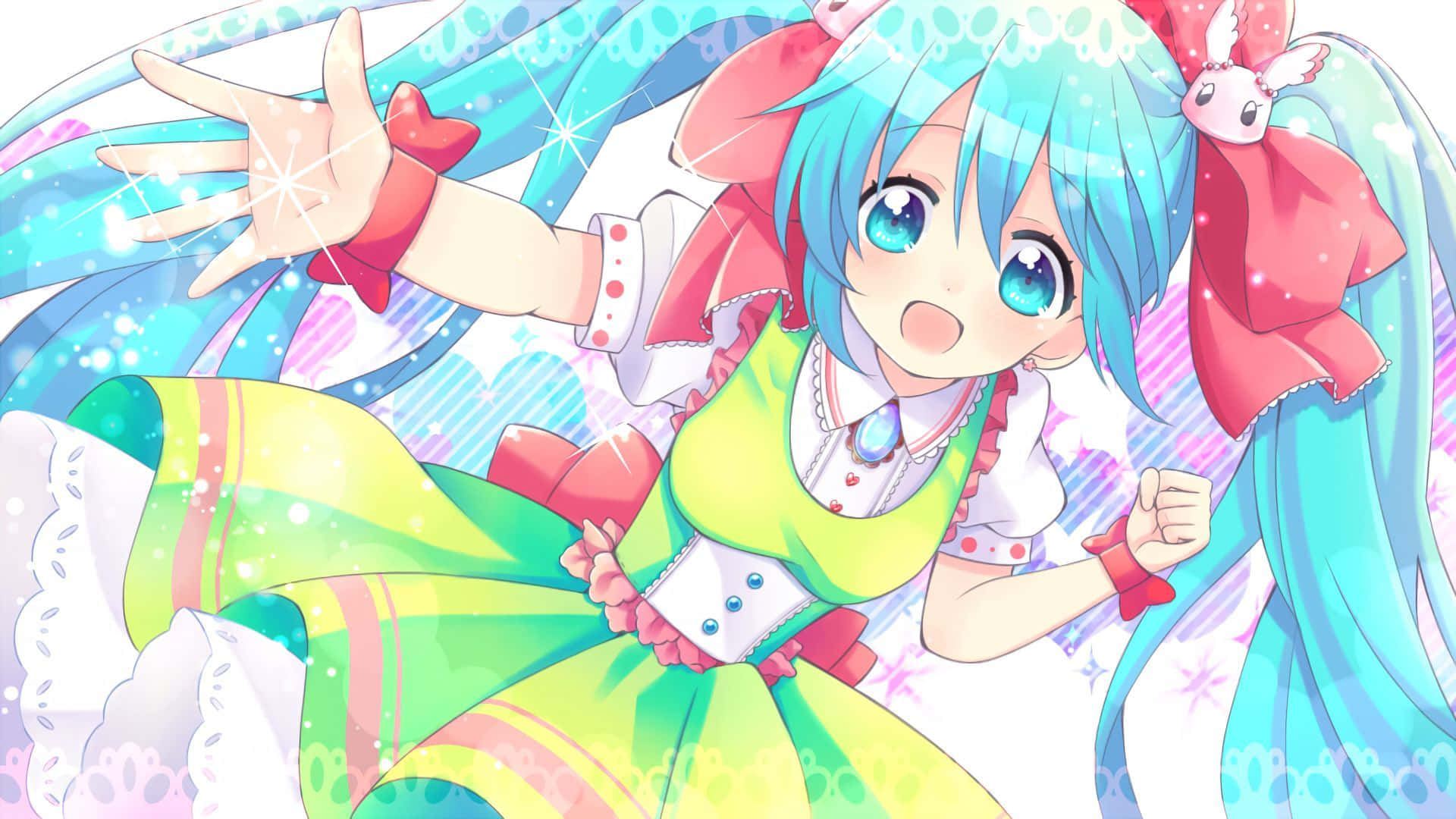 anime girl, turquoise hair, pink bows, Full HD Desktop Wallpaper