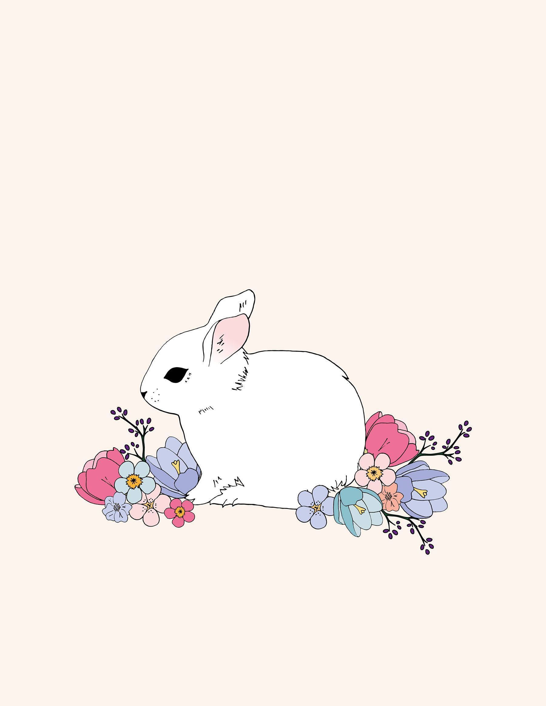 Aesthetic Easter, white rabbit, pink and blue flowers, Full HD Phone Wallpaper