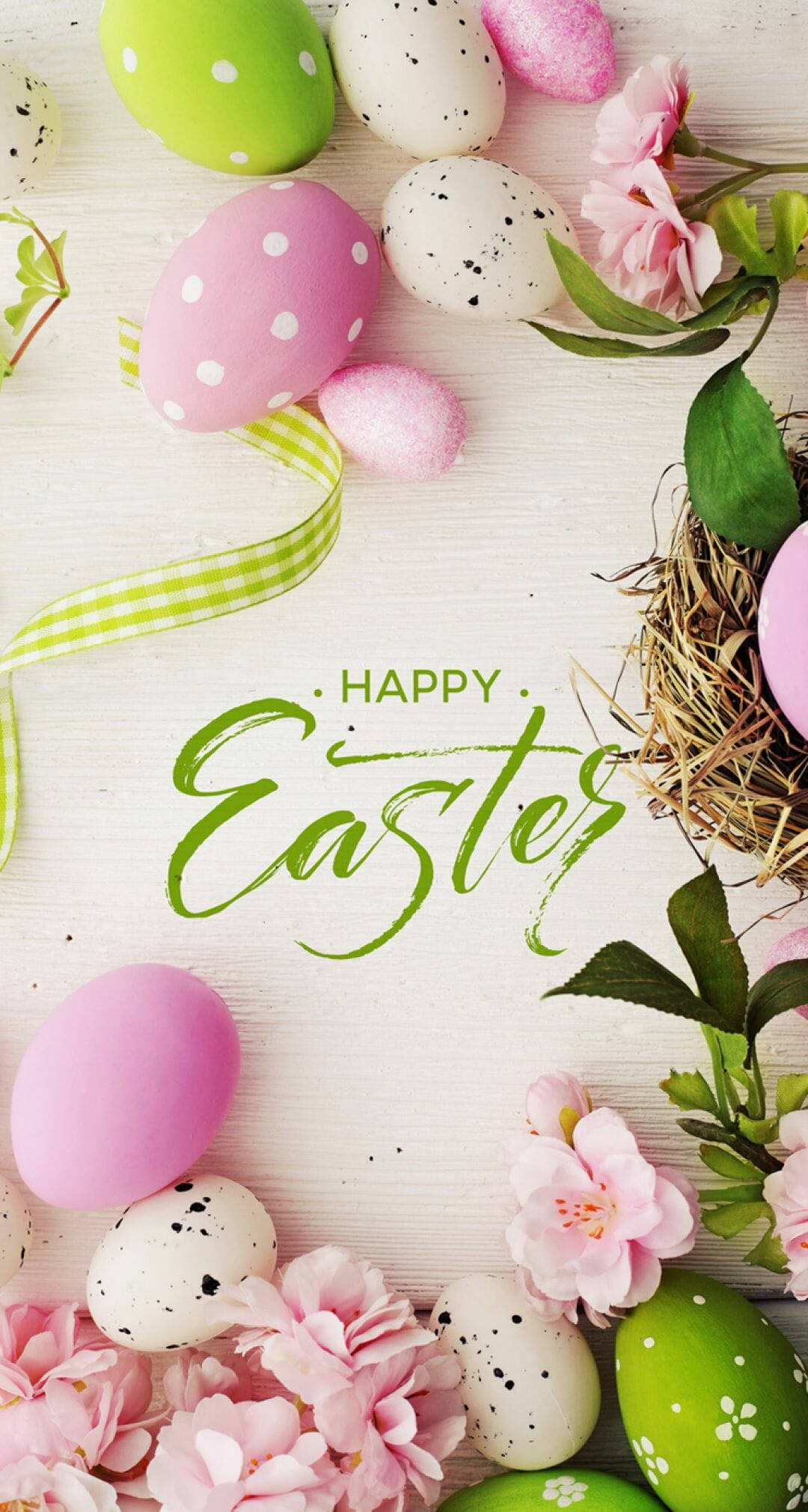 Pastel Easter eggs, pink blossoms, white wooden surface, Full HD Phone Wallpaper