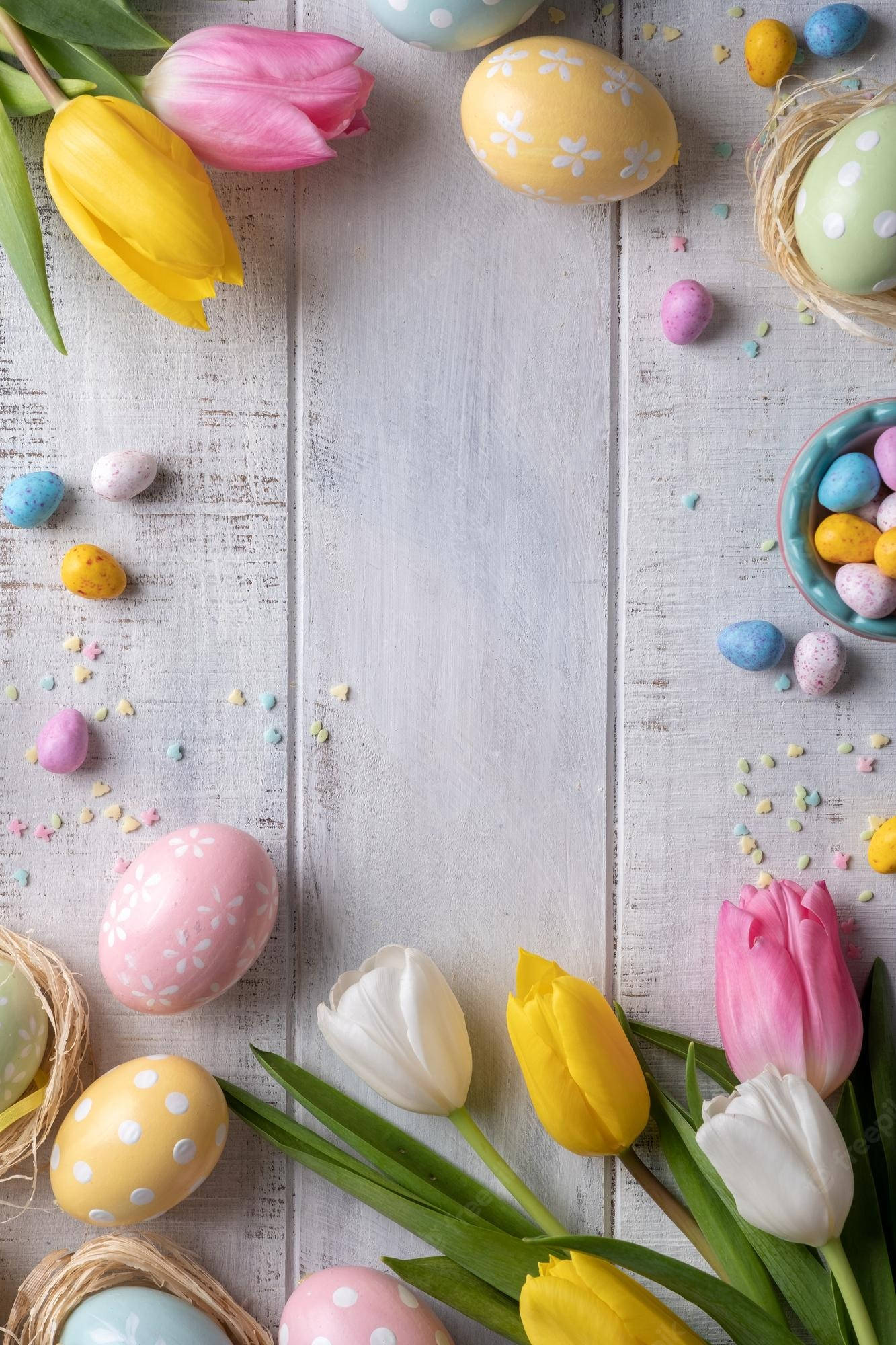 Aesthetic Easter, pastel Easter eggs, tulips, Full HD Phone Wallpaper